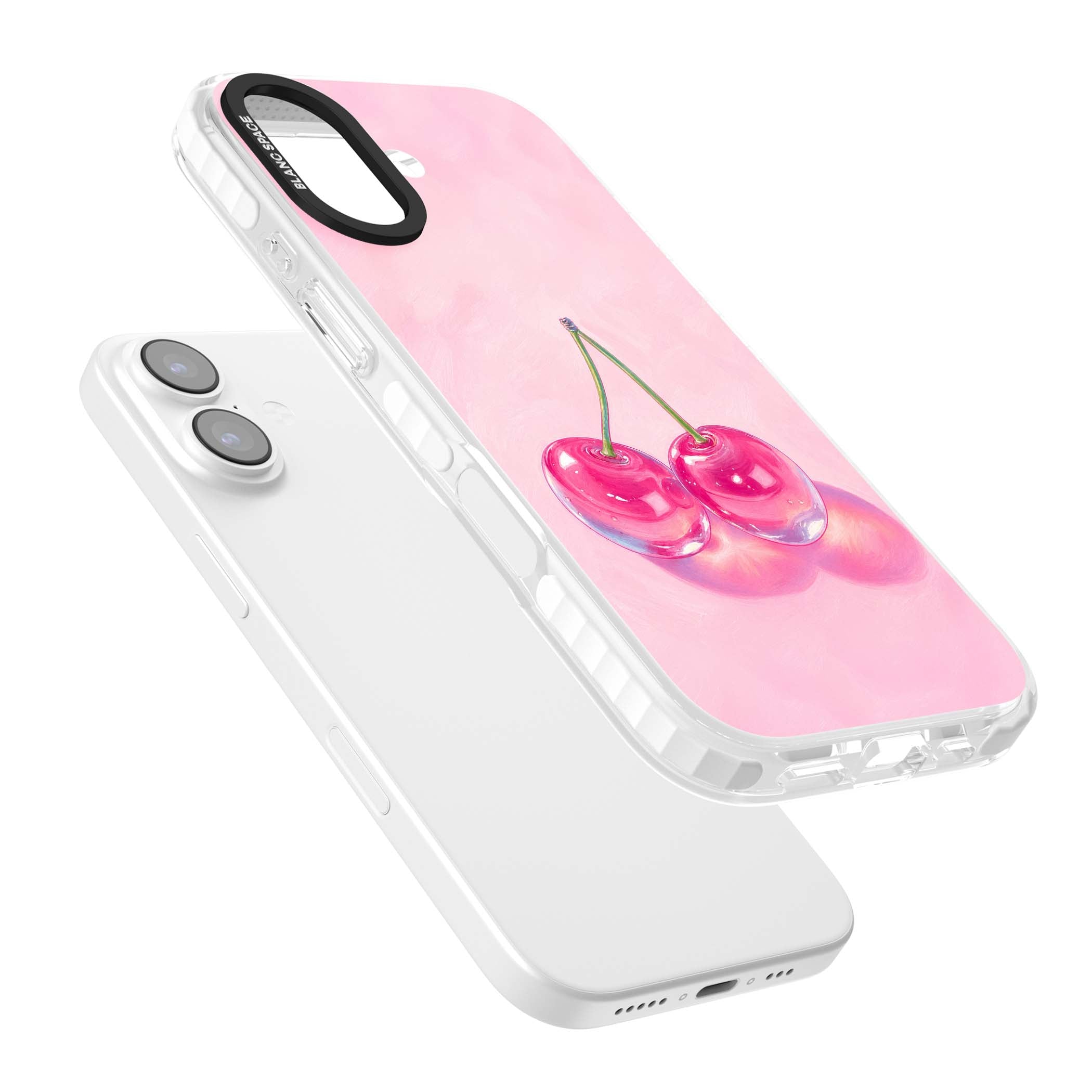 Pink Glass Cherry coquette iPhone case featuring two glossy painted cherries on a soft pink background | Black Impact case for iPhone 17