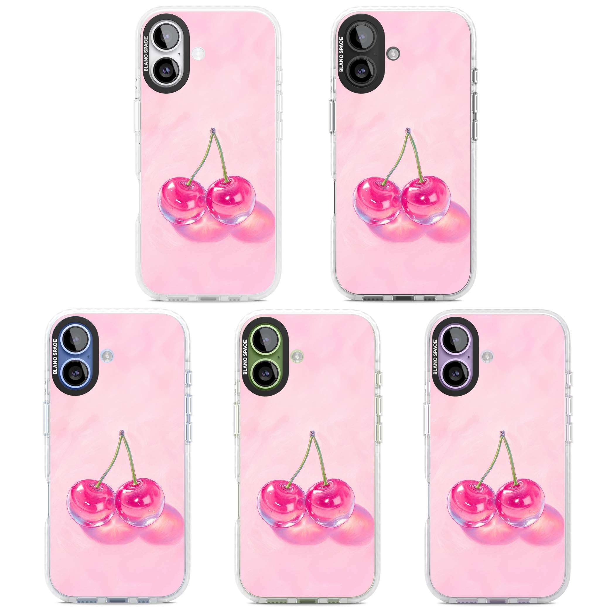 Pink Glass Cherry coquette iPhone case featuring two glossy painted cherries on a soft pink background | Black Impact case for iPhone 17