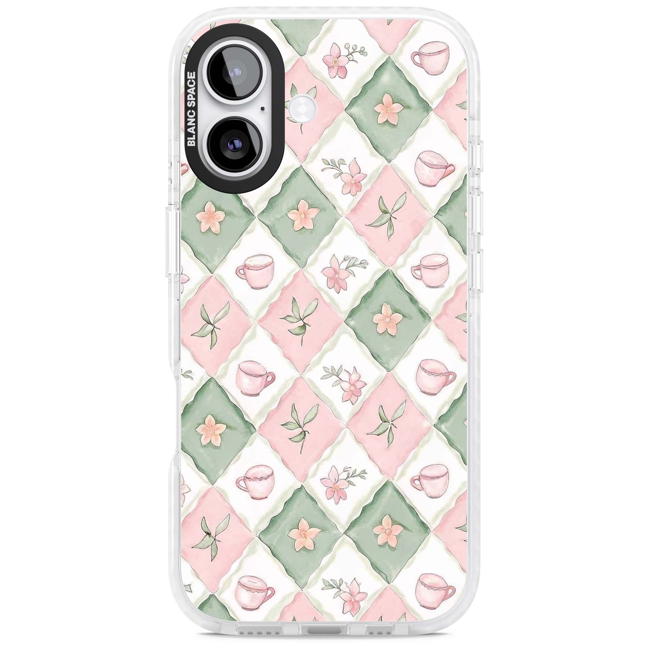 Garden Tea Party coquette iPhone case with pink and green checkered pattern, watercolour teacups and wildflowers | Black Impact case for iPhone 17