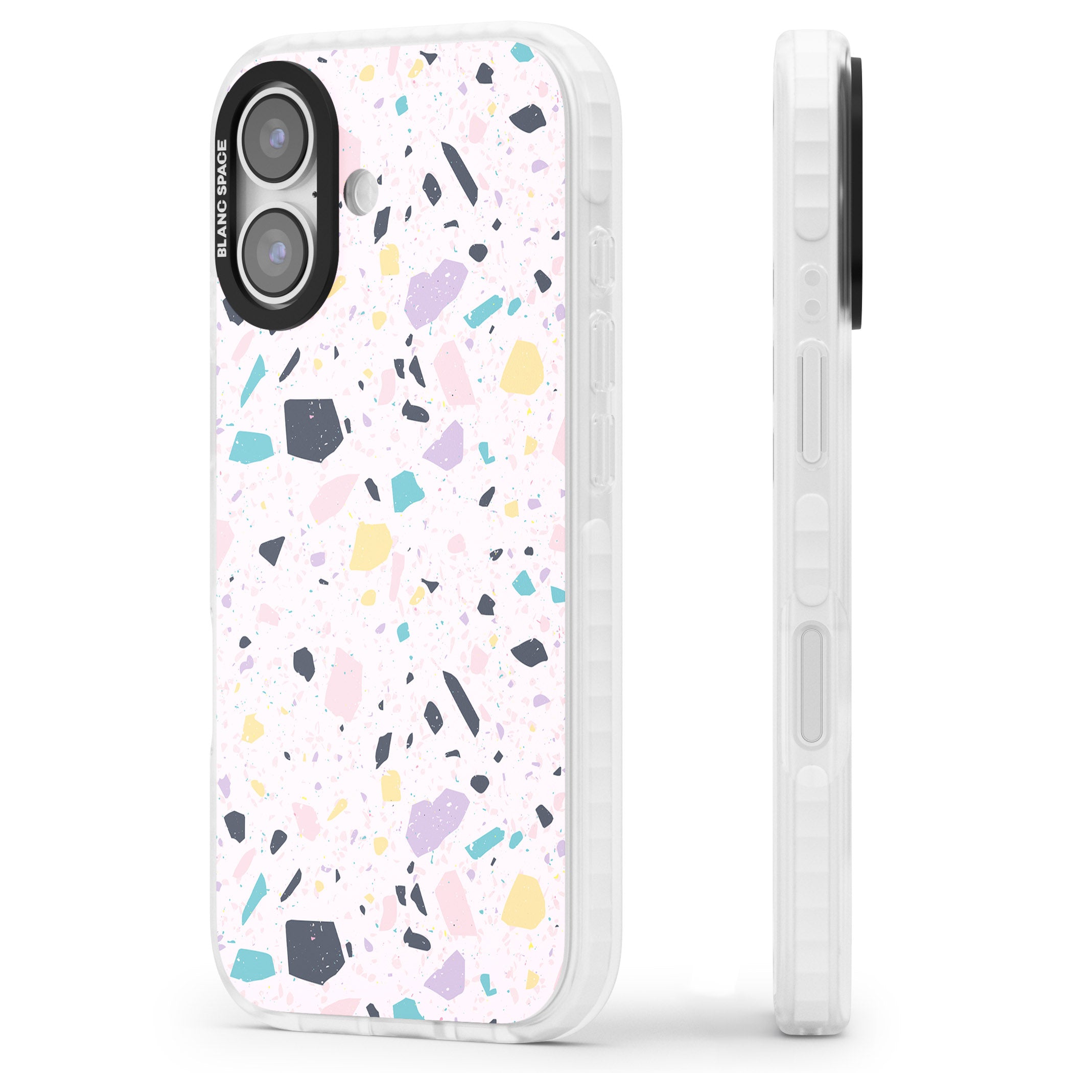 Pink, Purple & Turquoise Terrazzo Pattern iPhone 17 Impact Clear Phone Case Side Profile