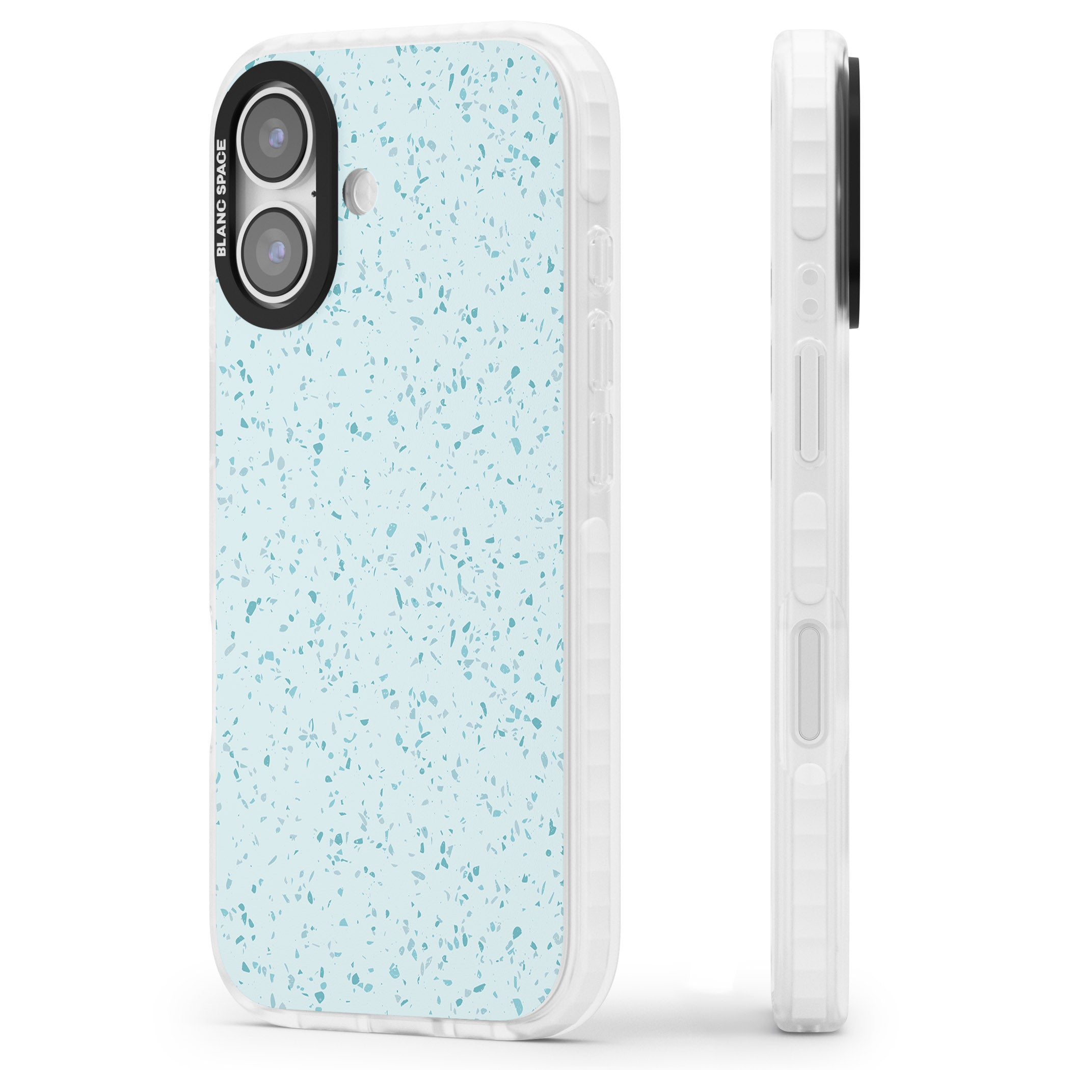 Light Blue Terrazzo Pattern iPhone 17 Impact Clear Phone Case Side Profile