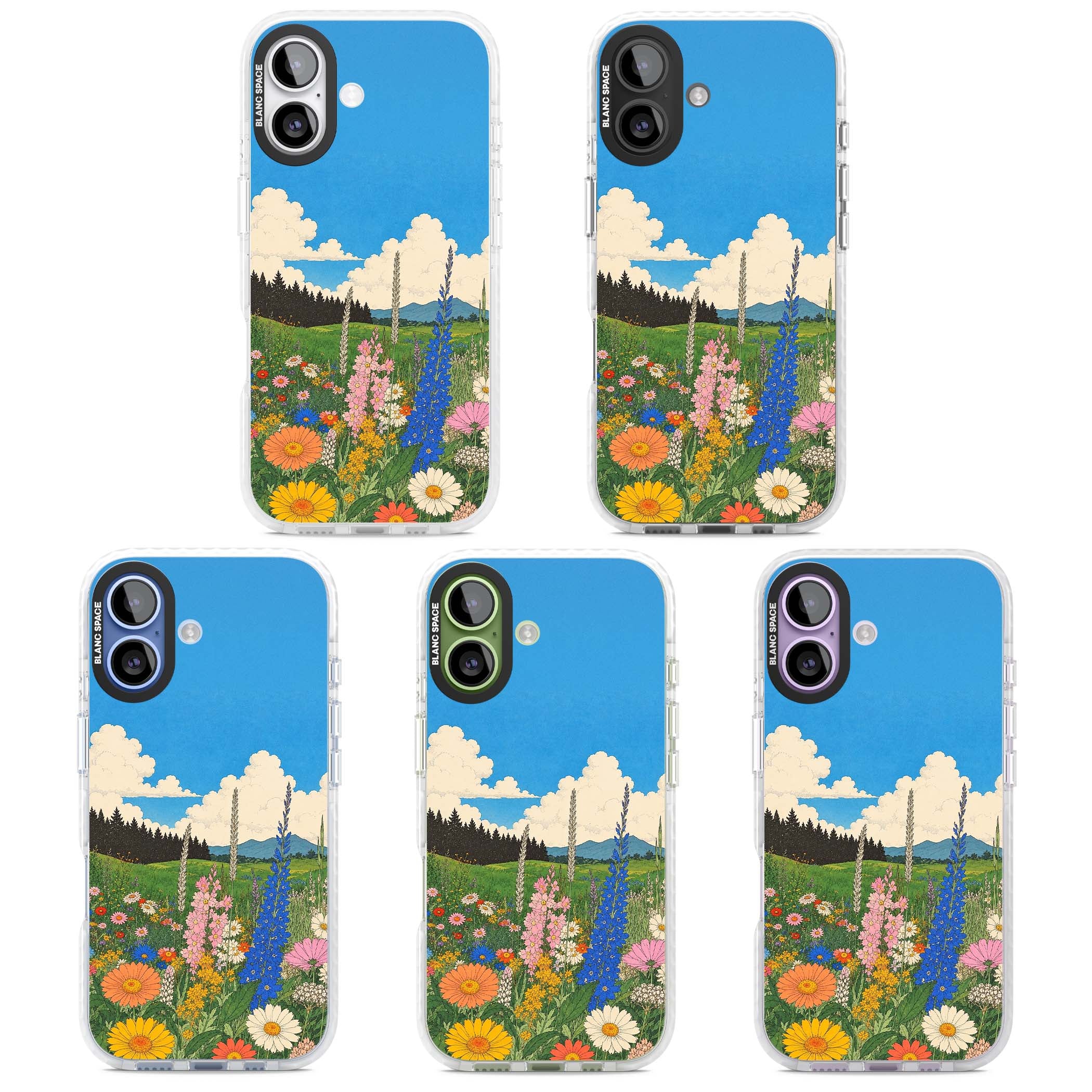 Wildbloom wildflower iPhone case featuring a vintage Japanese-style meadow landscape with daisies, delphiniums and moun | Black Impact case for iPhone 17