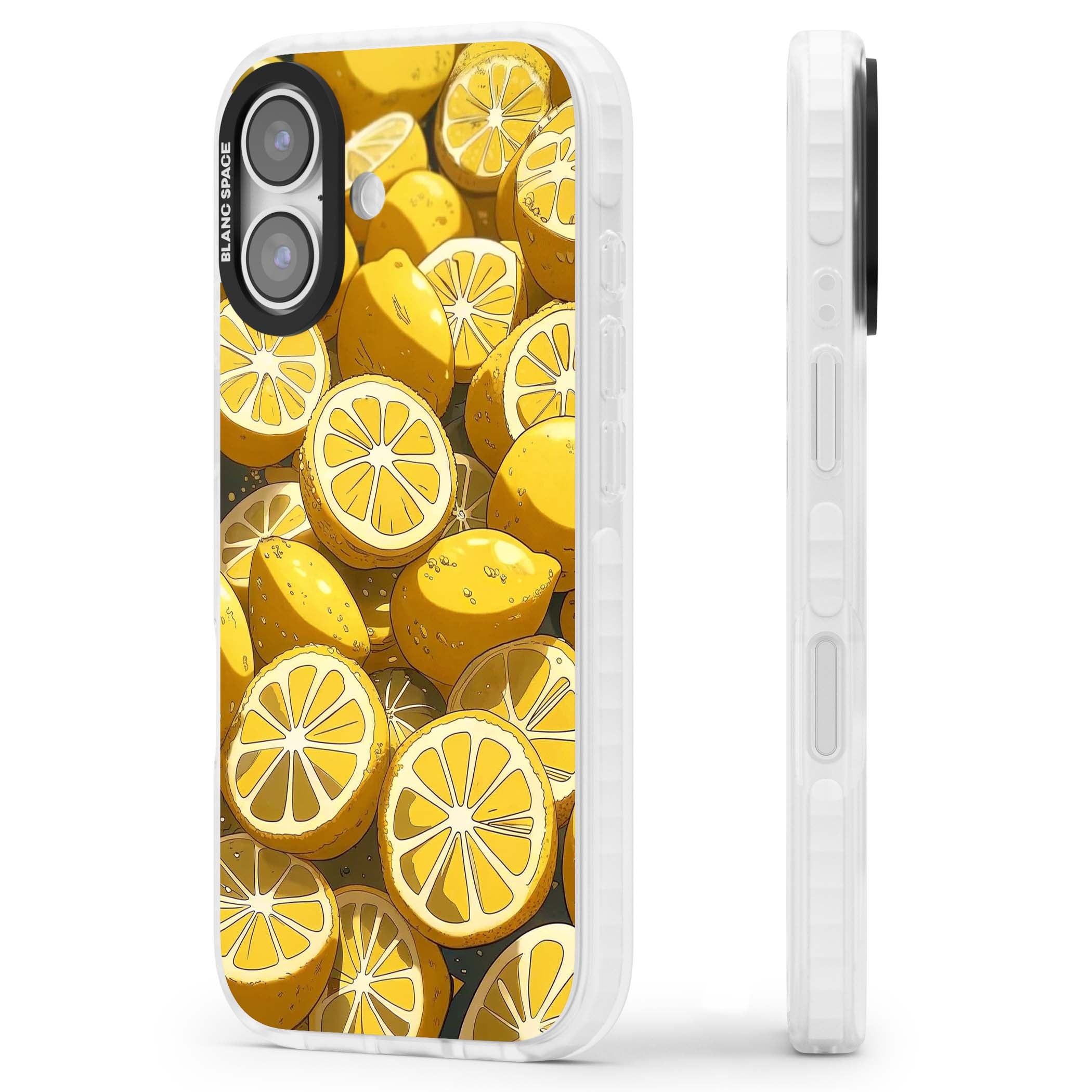 Zesty coastal iPhone case featuring illustrated Mediterranean lemons and citrus slices in golden yellow | Black Impact case for iPhone 17