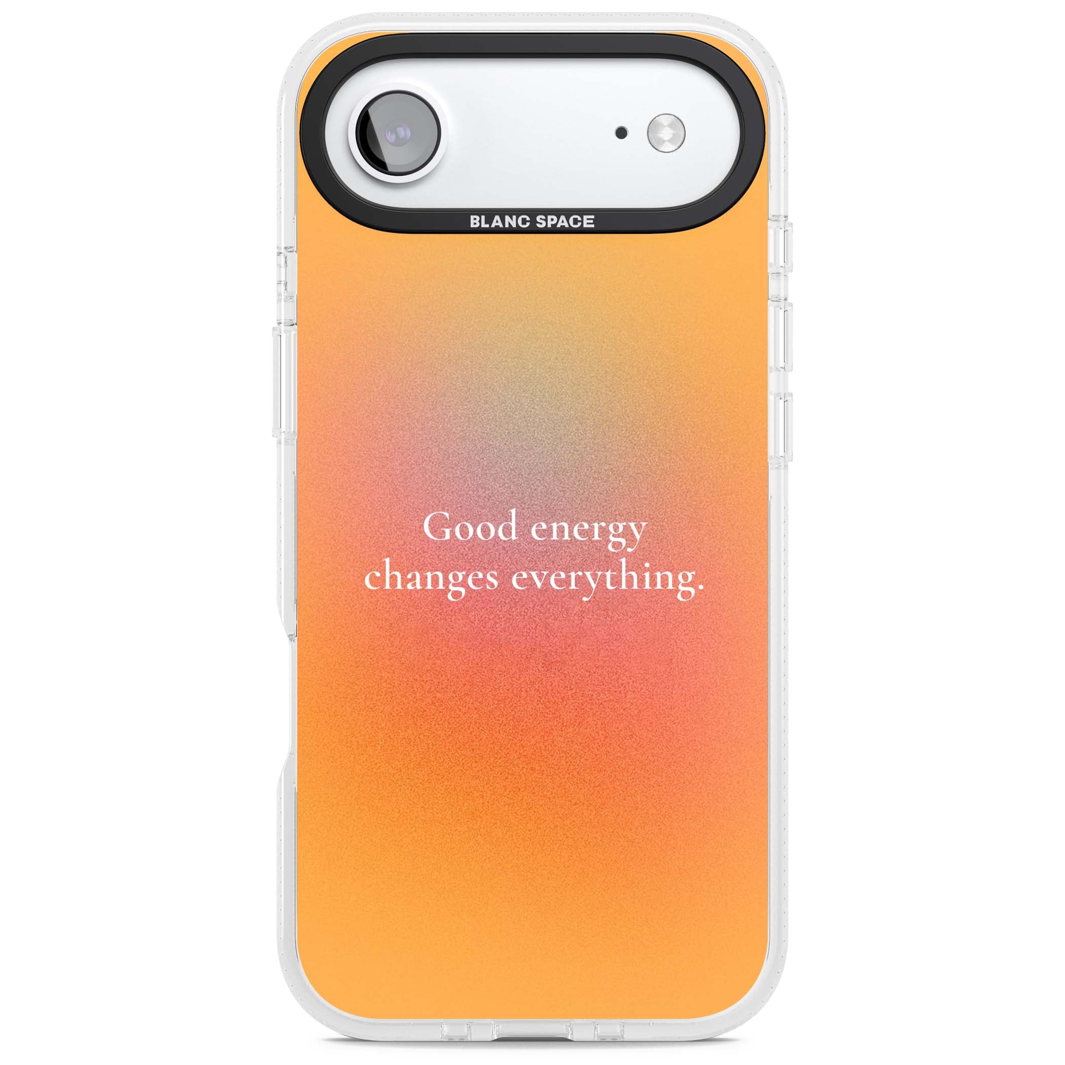 Good Energy quote iPhone case featuring an orange and pink aura gradient with white serif affirmation text | Clear Case Impact Air case for iPhone Air