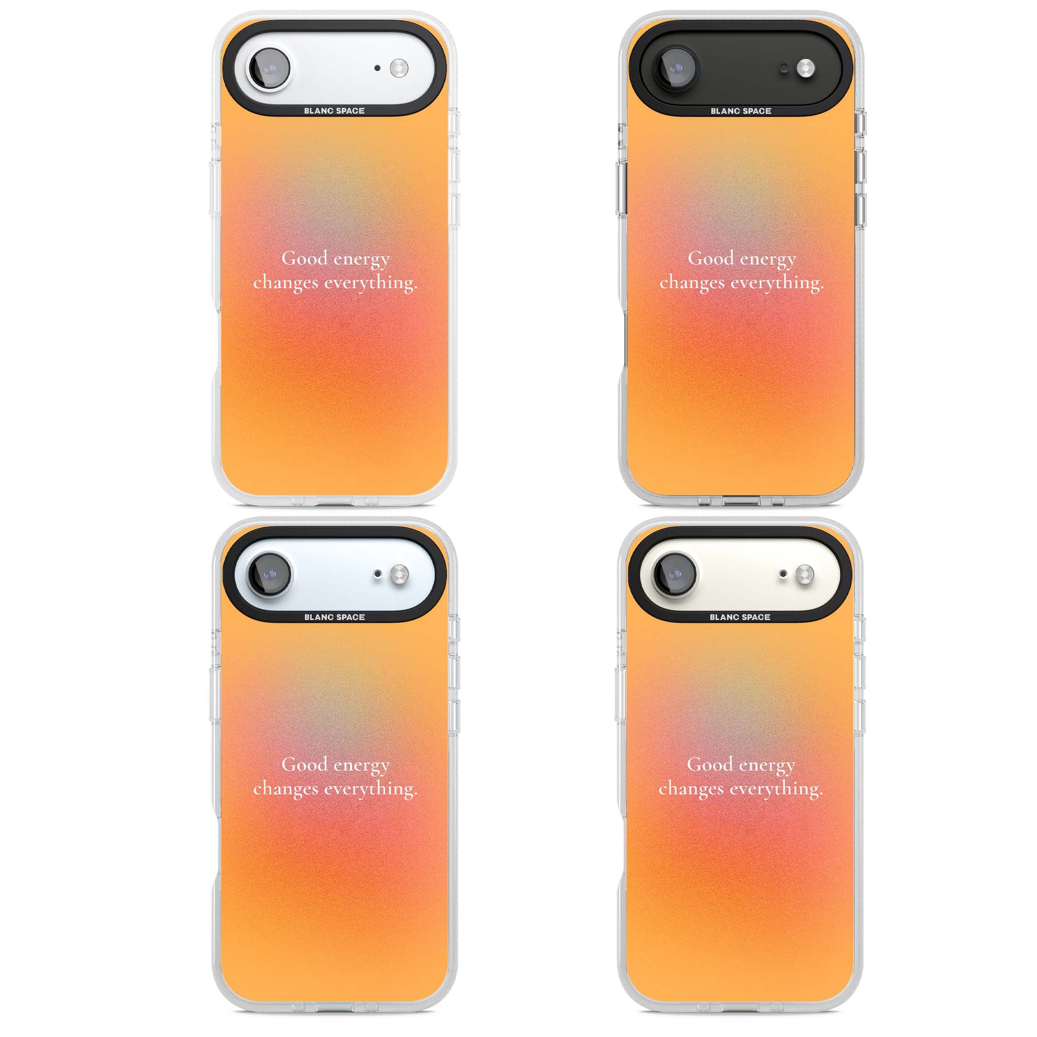 Good Energy quote iPhone case featuring an orange and pink aura gradient with white serif affirmation text | Clear Case Impact Air case for iPhone Air