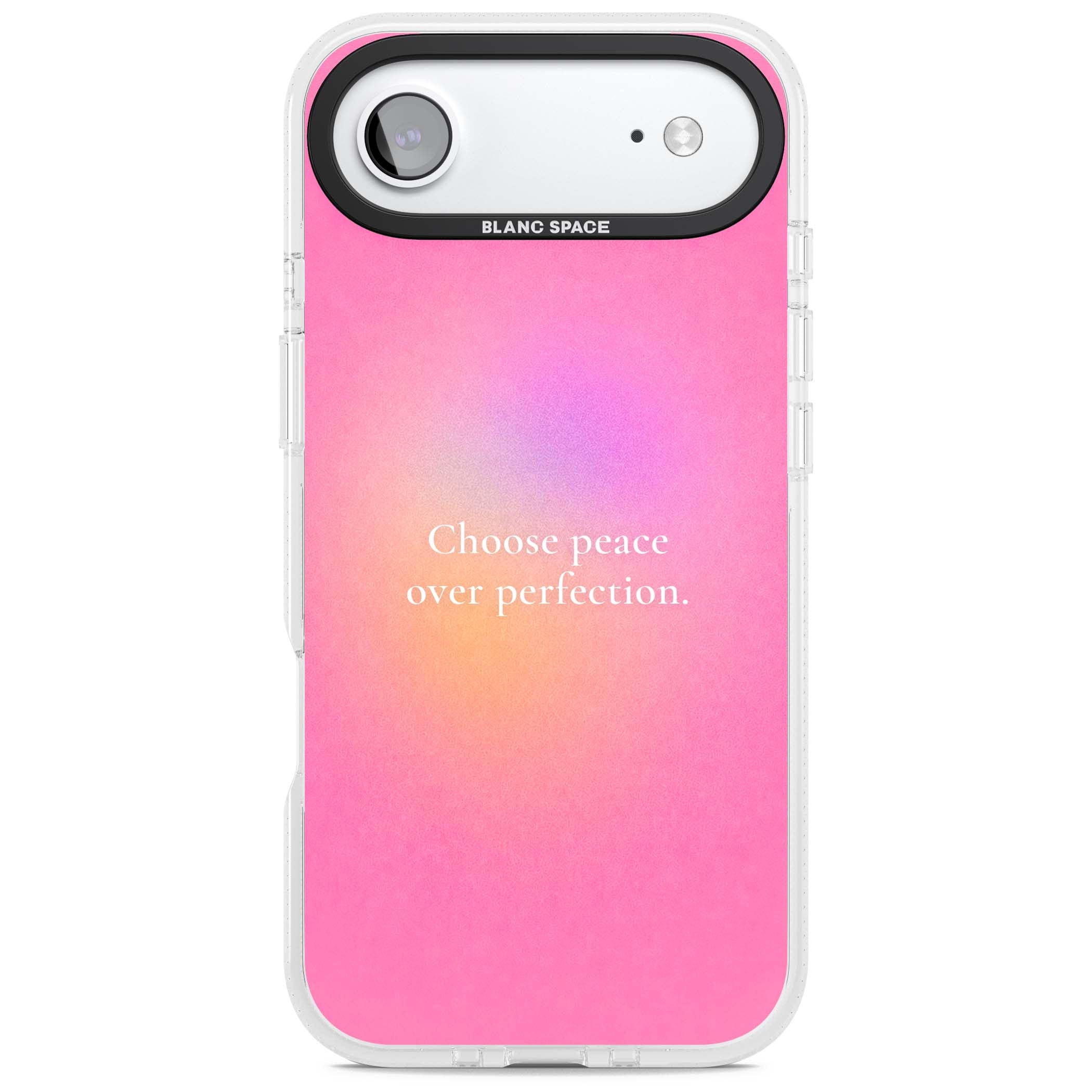 Peace Over Perfection quote iPhone case featuring a dreamy pink aura gradient and delicate white affirmation text | Clear Case Impact Air case for iPhone Air