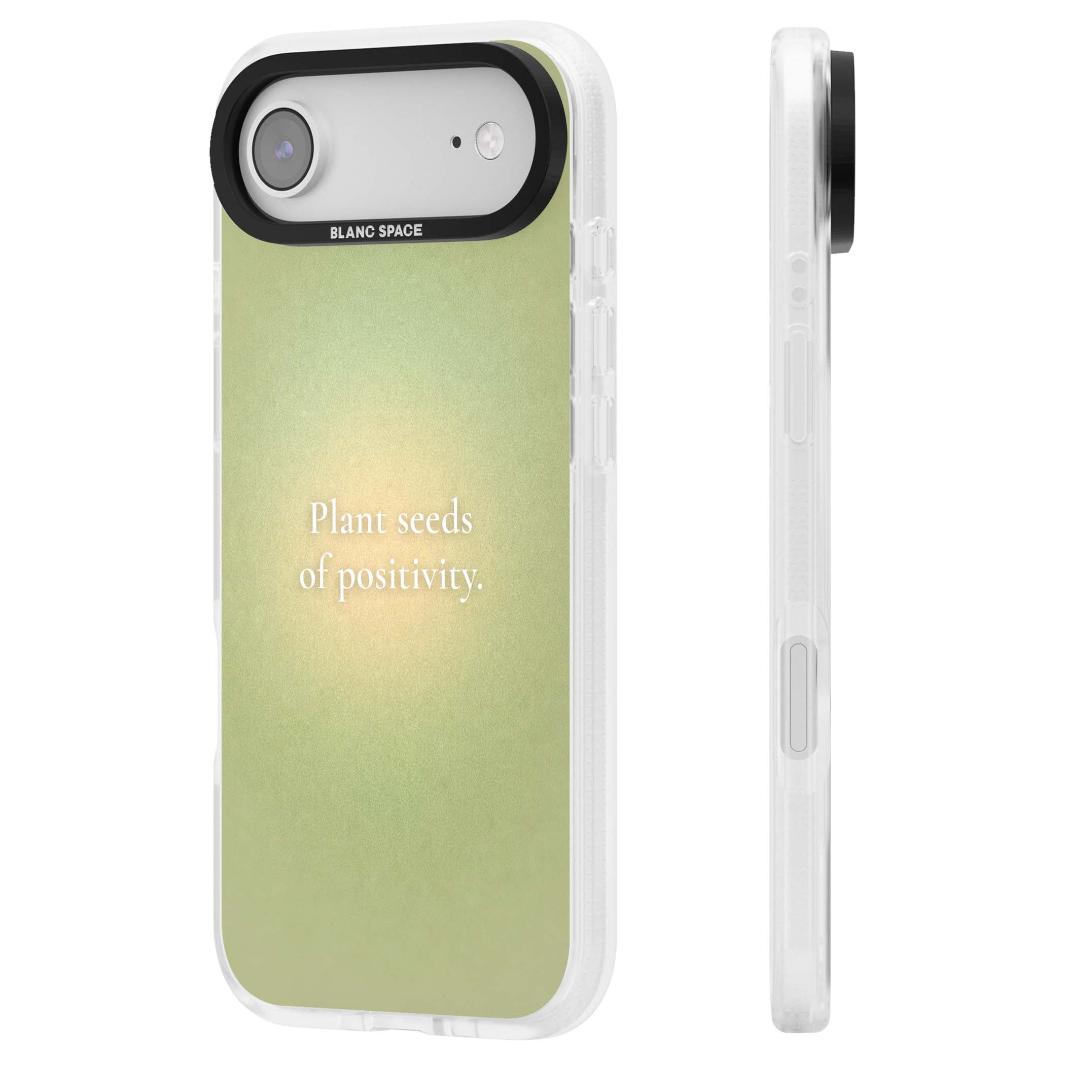 Seeds of Positivity quote iPhone case featuring a sage green aura gradient and golden glow affirmation | Clear Case Impact Air case for iPhone Air