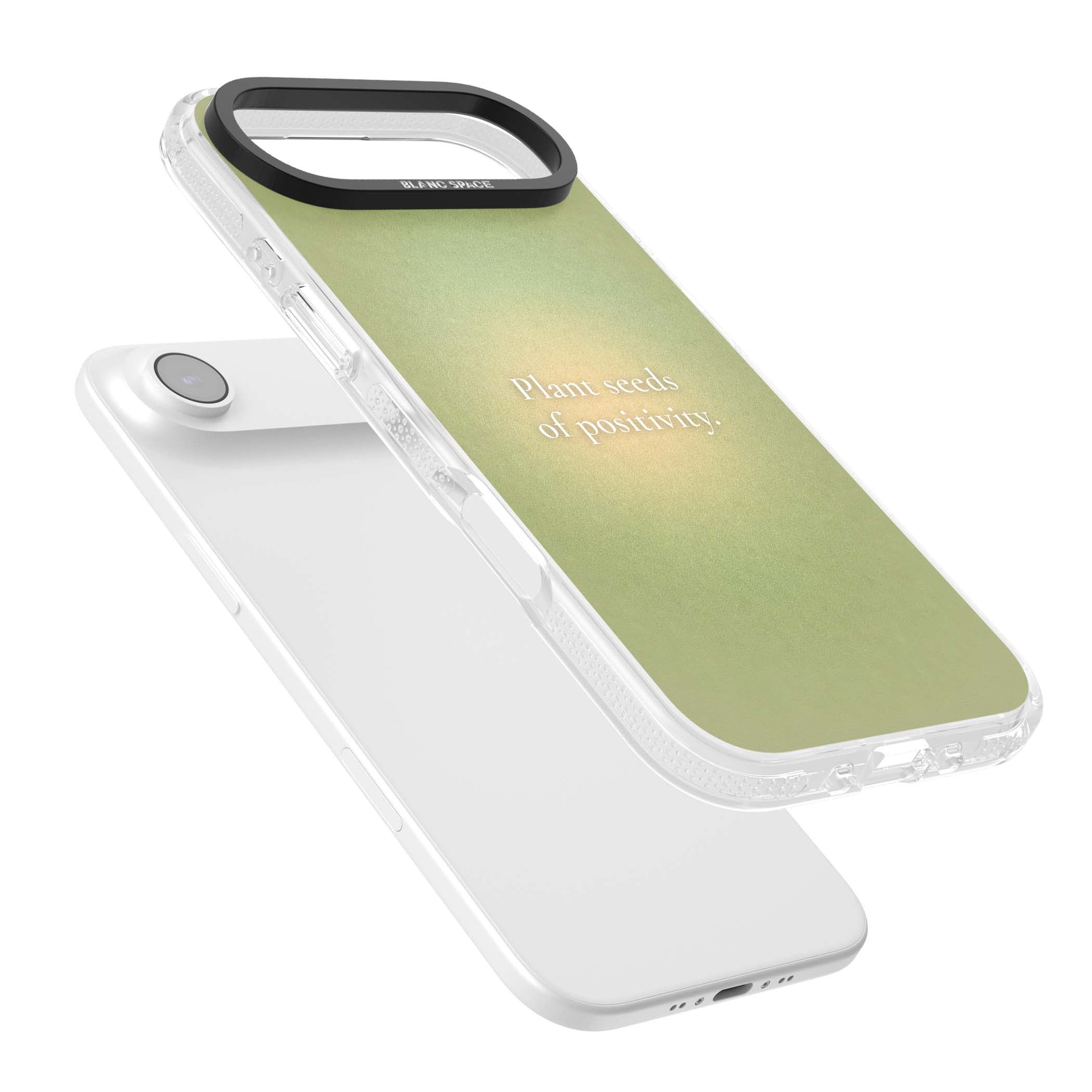 Seeds of Positivity quote iPhone case featuring a sage green aura gradient and golden glow affirmation | Clear Case Impact Air case for iPhone Air