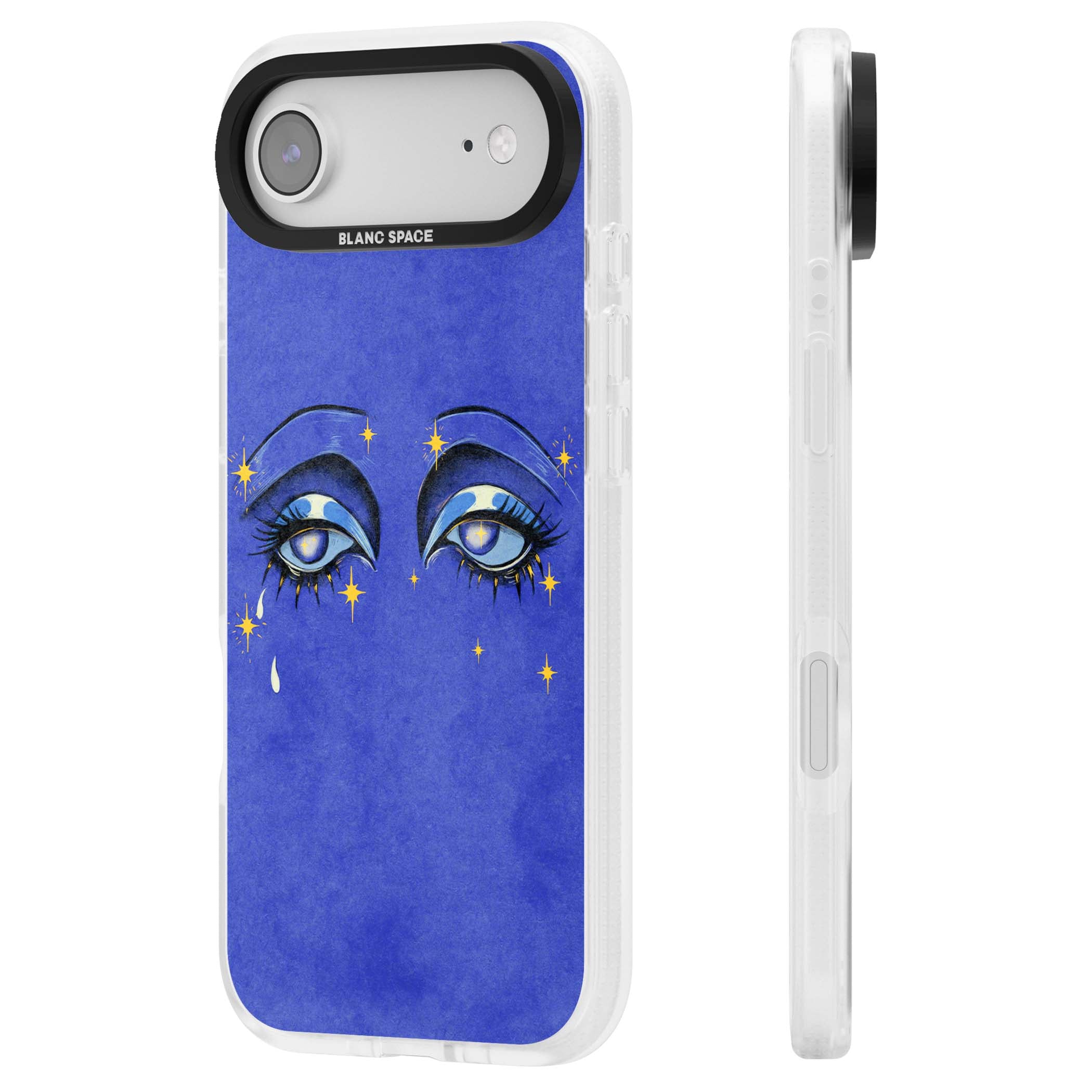 Blue Mystic Eyes celestial iPhone case featuring hand drawn blue mystical eyes, golden stars and a painted tear on indigo | Clear Case Impact Air case for iPhone Air
