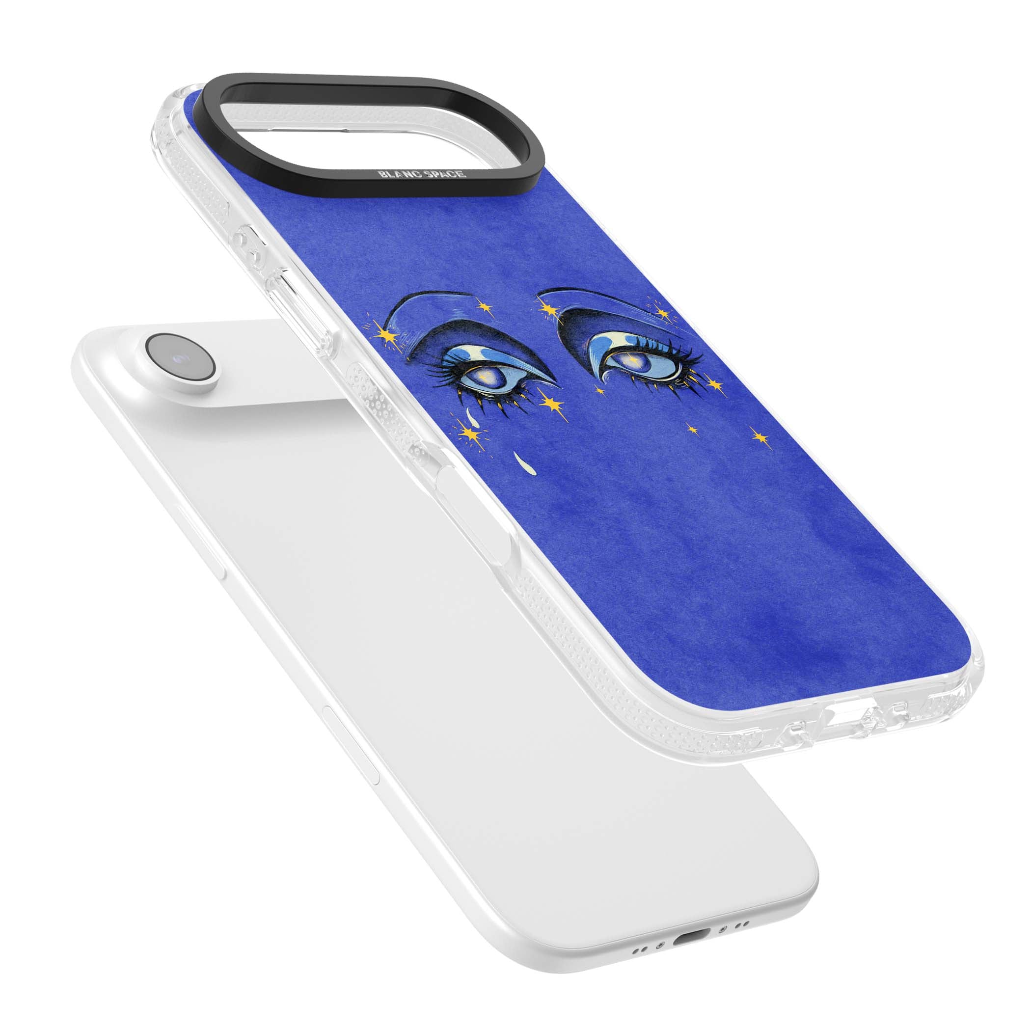 Blue Mystic Eyes celestial iPhone case featuring hand drawn blue mystical eyes, golden stars and a painted tear on indigo | Clear Case Impact Air case for iPhone Air