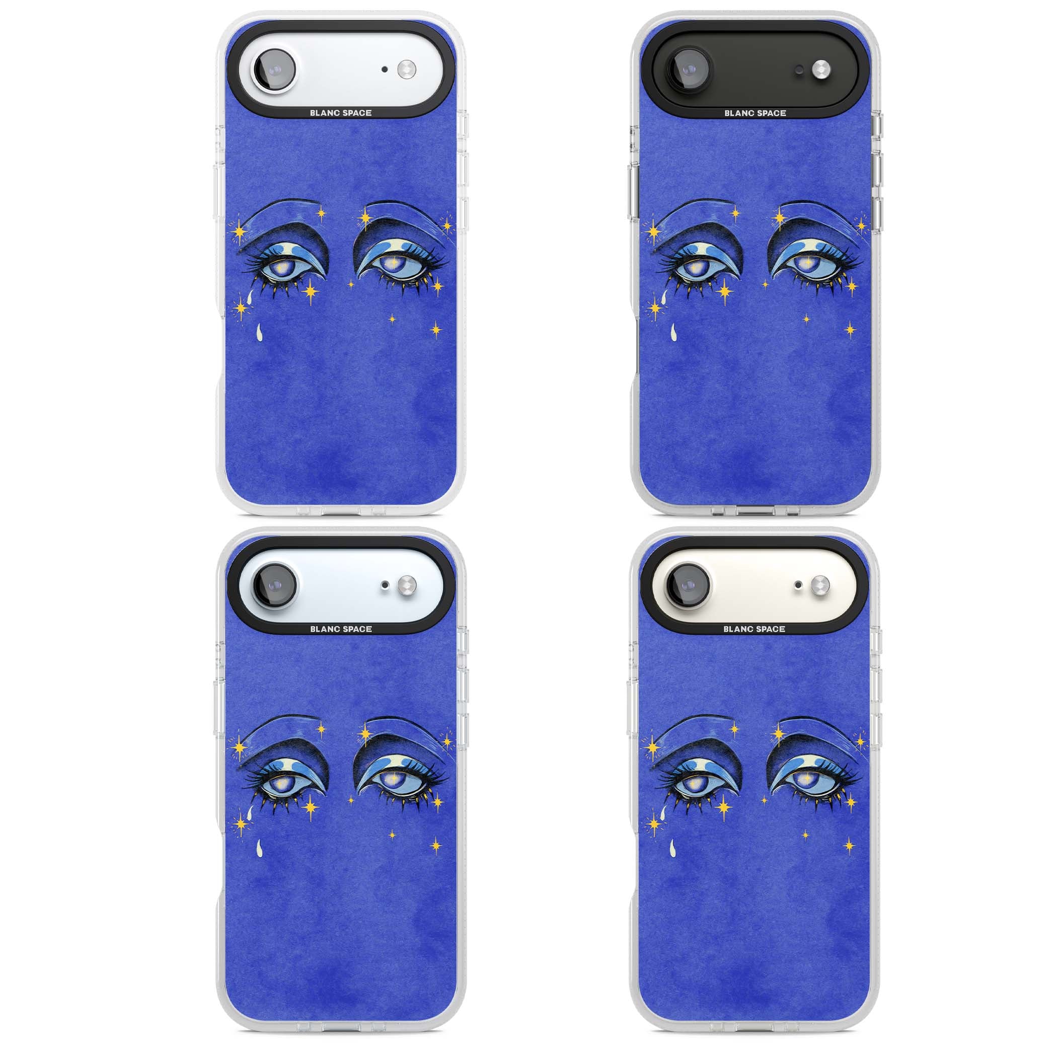 Blue Mystic Eyes celestial iPhone case featuring hand drawn blue mystical eyes, golden stars and a painted tear on indigo | Clear Case Impact Air case for iPhone Air