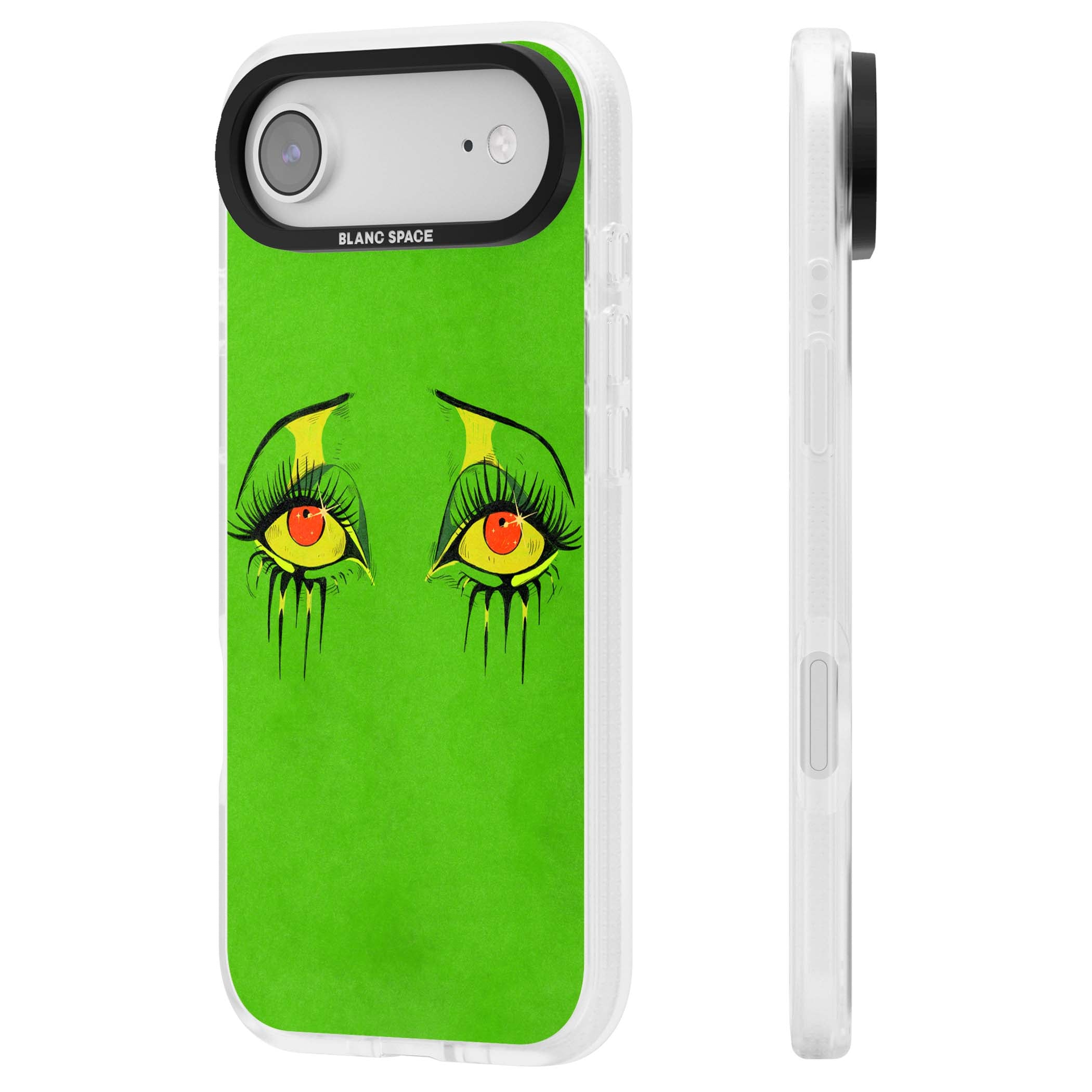 Green Enchanted Eyes psychedelic art iPhone case featuring hand-drawn dripping eyes on neon green background | Clear Case Impact Air case for iPhone Air