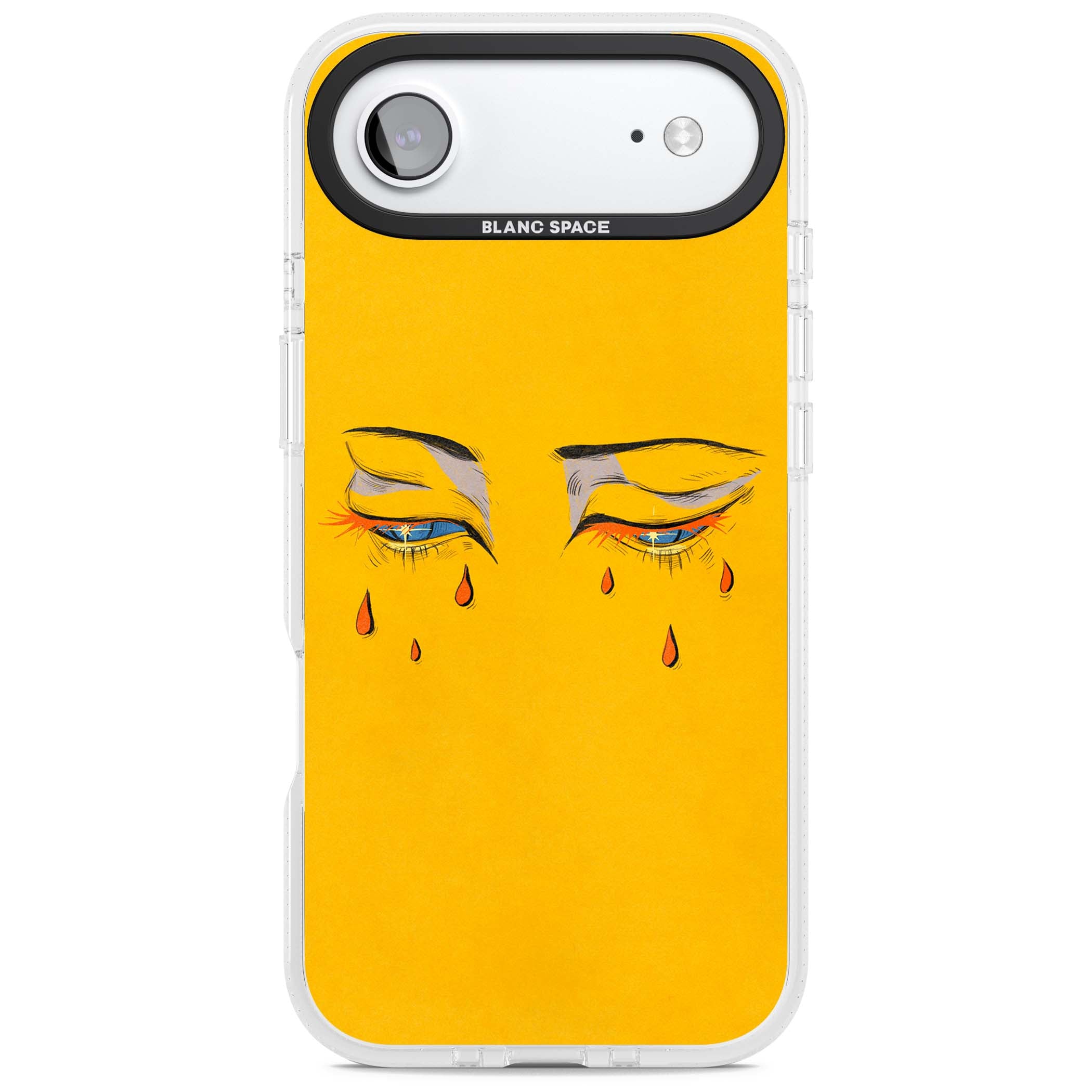 Yellow Tearful Eyes indie iPhone case featuring hand-drawn crying eyes with orange tears on a yellow background | Clear Case Impact Air case for iPhone Air