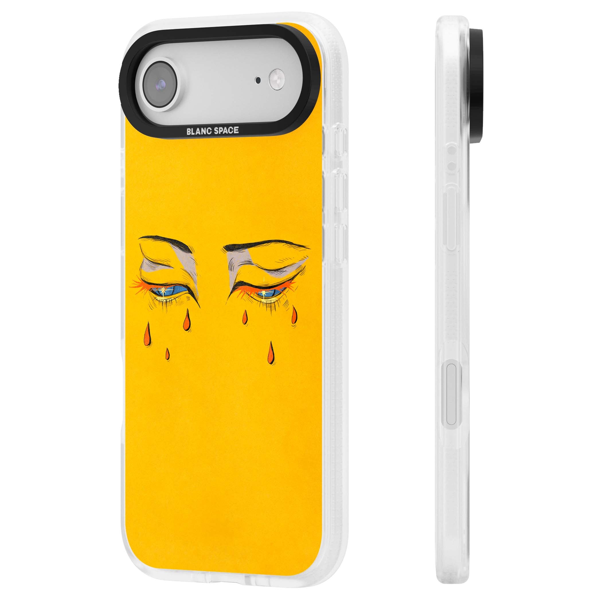 Yellow Tearful Eyes indie iPhone case featuring hand-drawn crying eyes with orange tears on a yellow background | Clear Case Impact Air case for iPhone Air