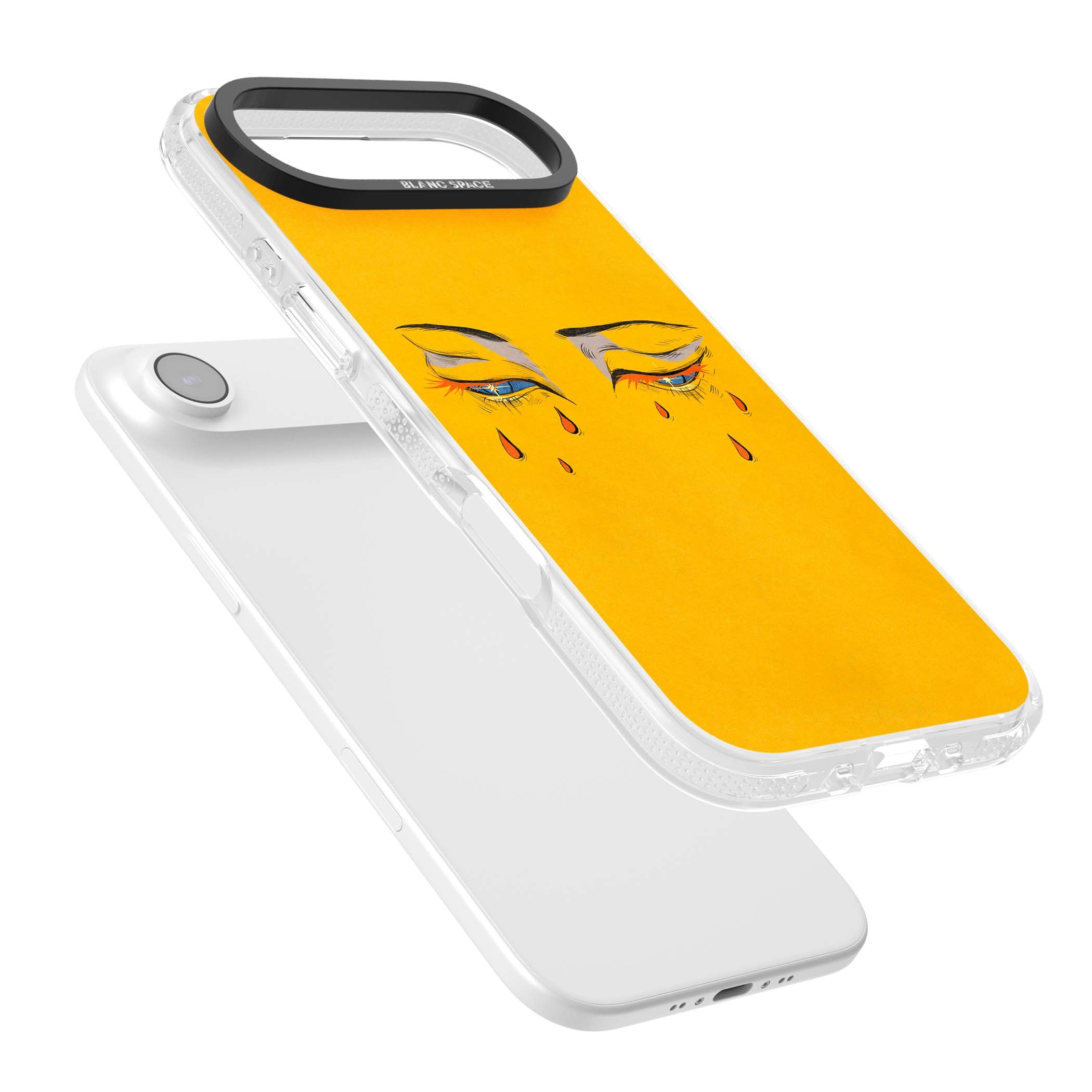 Yellow Tearful Eyes indie iPhone case featuring hand-drawn crying eyes with orange tears on a yellow background | Clear Case Impact Air case for iPhone Air