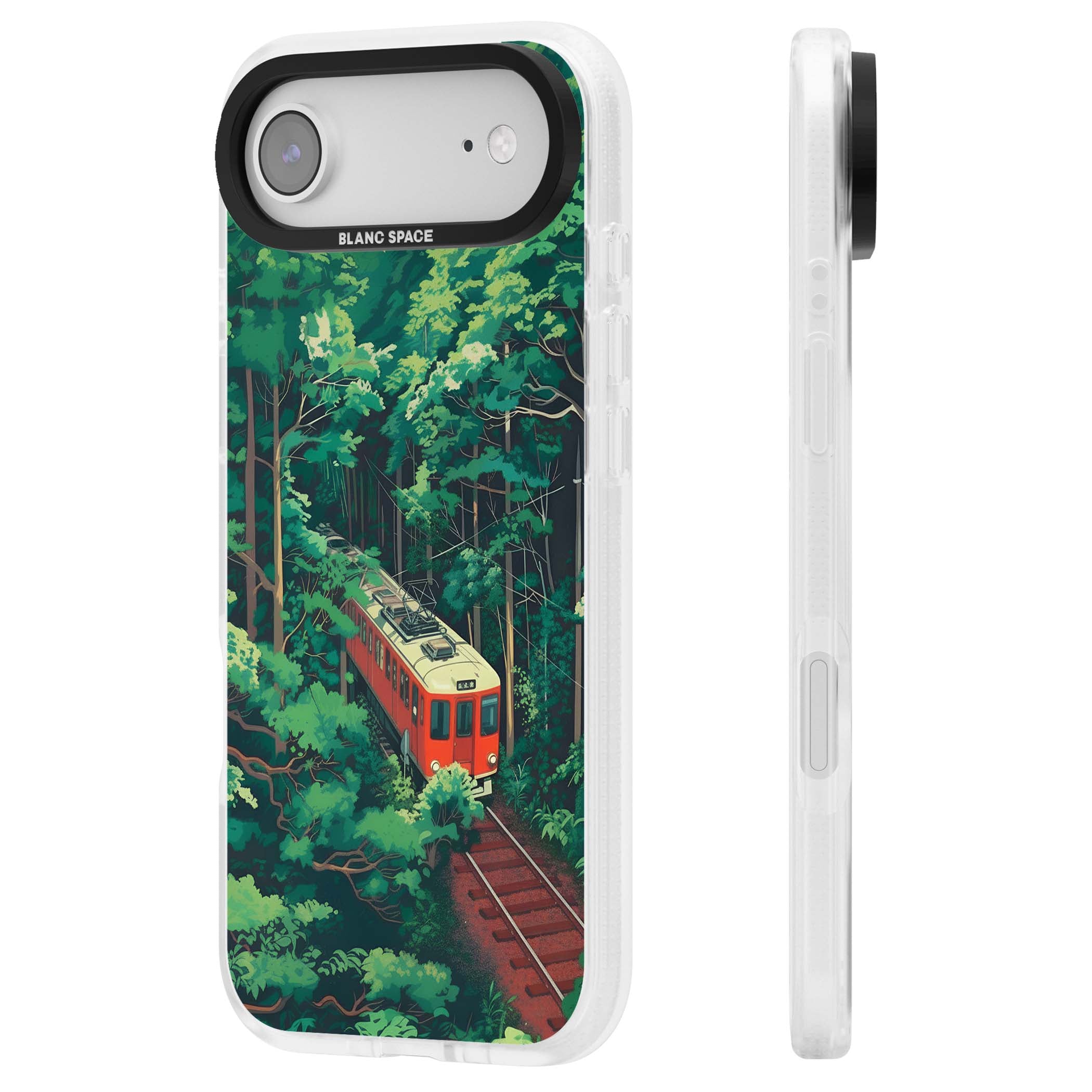 Railway In Toyama Japanese iPhone case featuring a red train, cedar forest and winding mountain railway tracks | Clear Case Impact Air case for iPhone Air