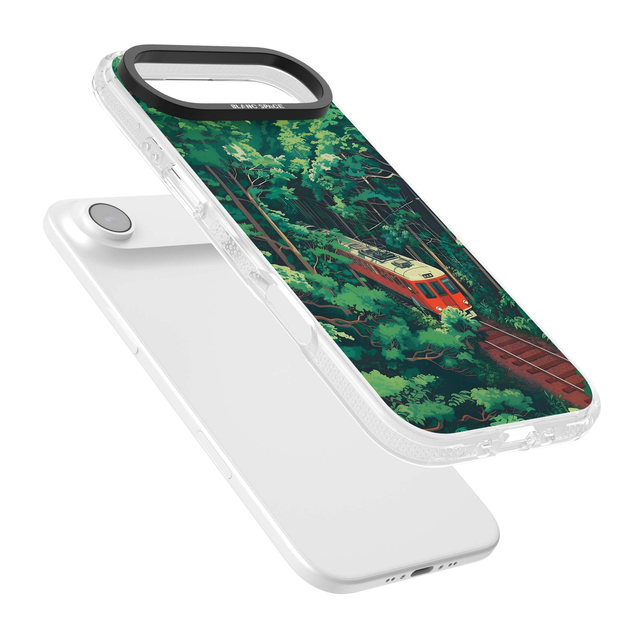 Railway In Toyama Japanese iPhone case featuring a red train, cedar forest and winding mountain railway tracks | Clear Case Impact Air case for iPhone Air