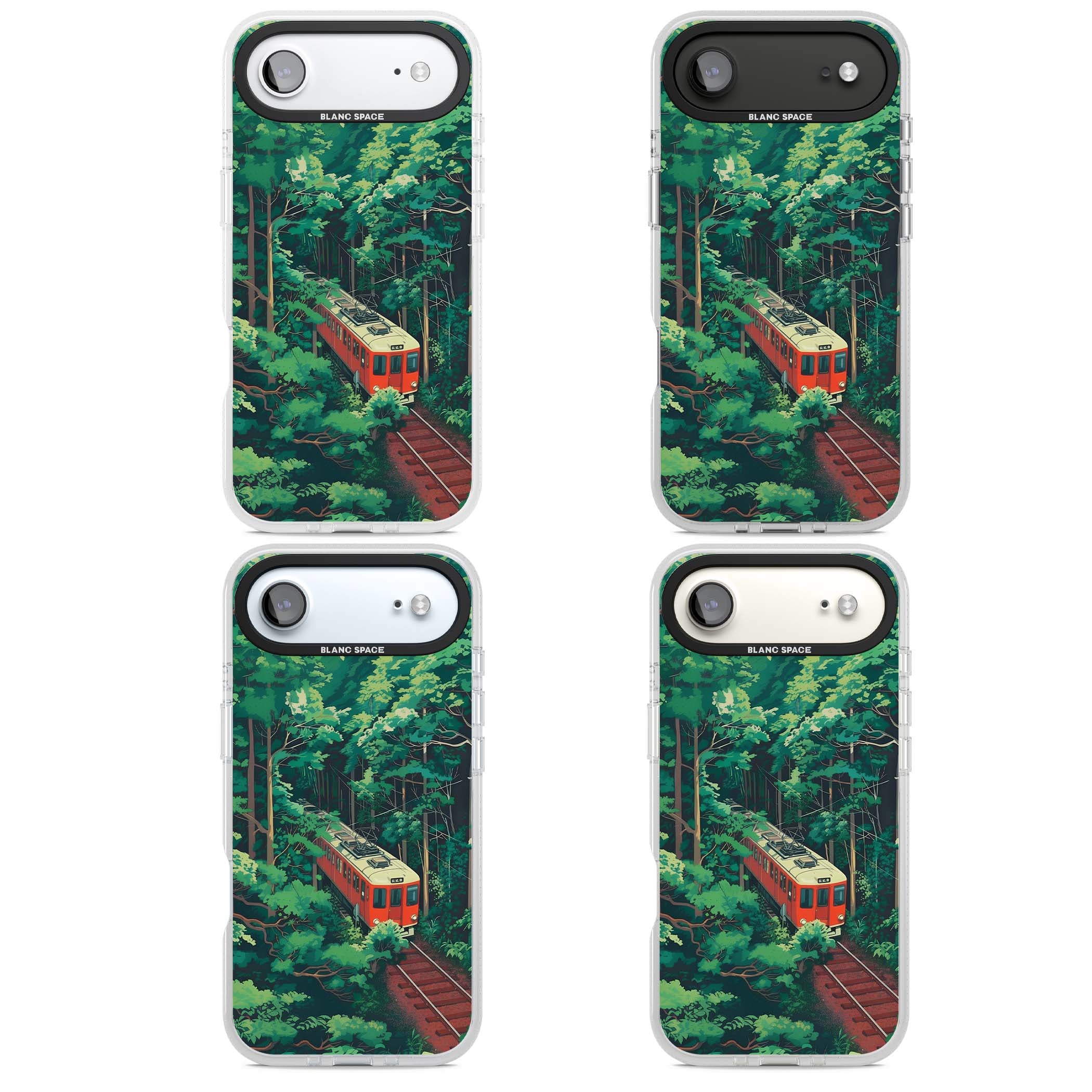Railway In Toyama Japanese iPhone case featuring a red train, cedar forest and winding mountain railway tracks | Clear Case Impact Air case for iPhone Air
