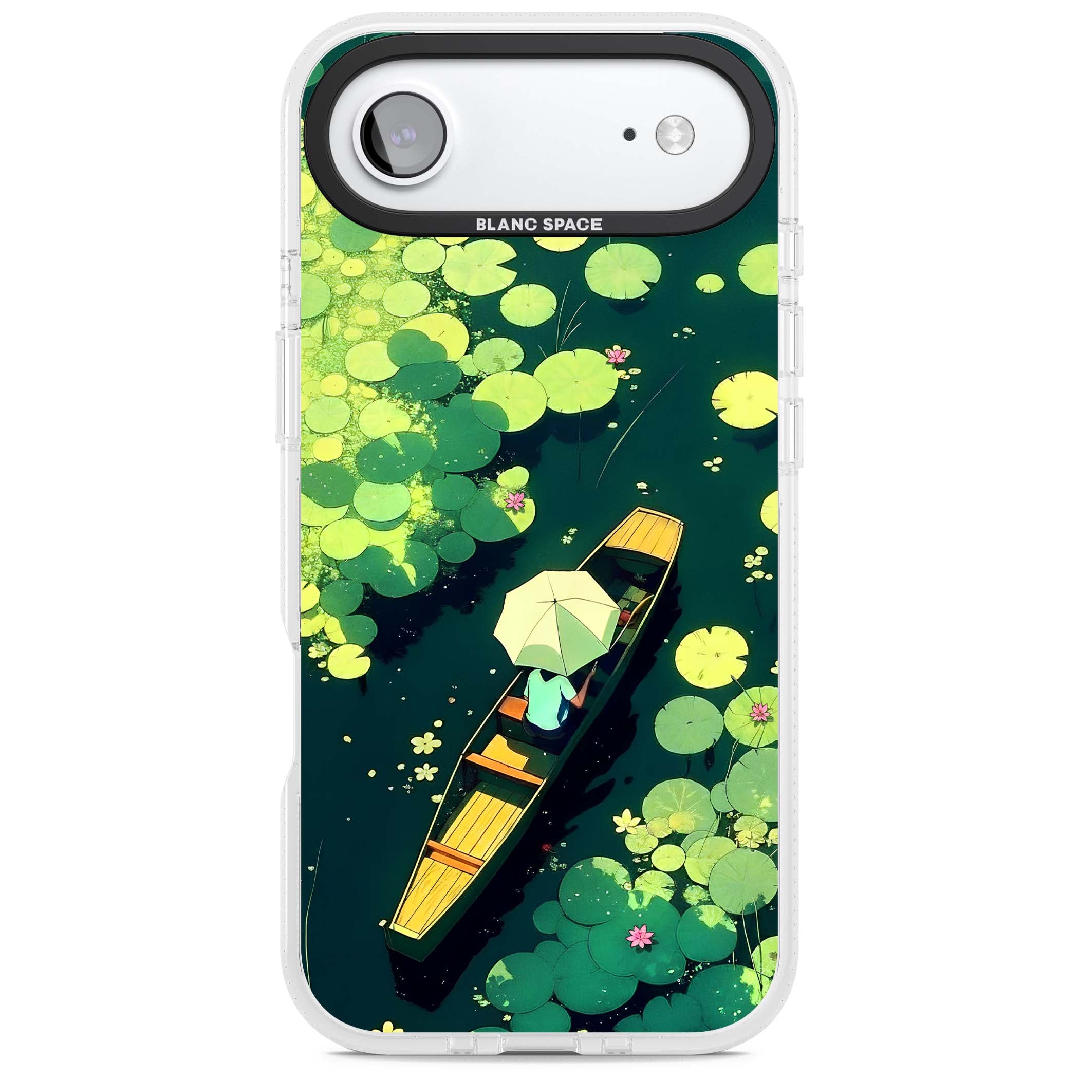 Jade Waters cottagecore iPhone case featuring a painted lily pond, wooden boat with parasol and floating water lilies | Clear Case Impact Air case for iPhone Air