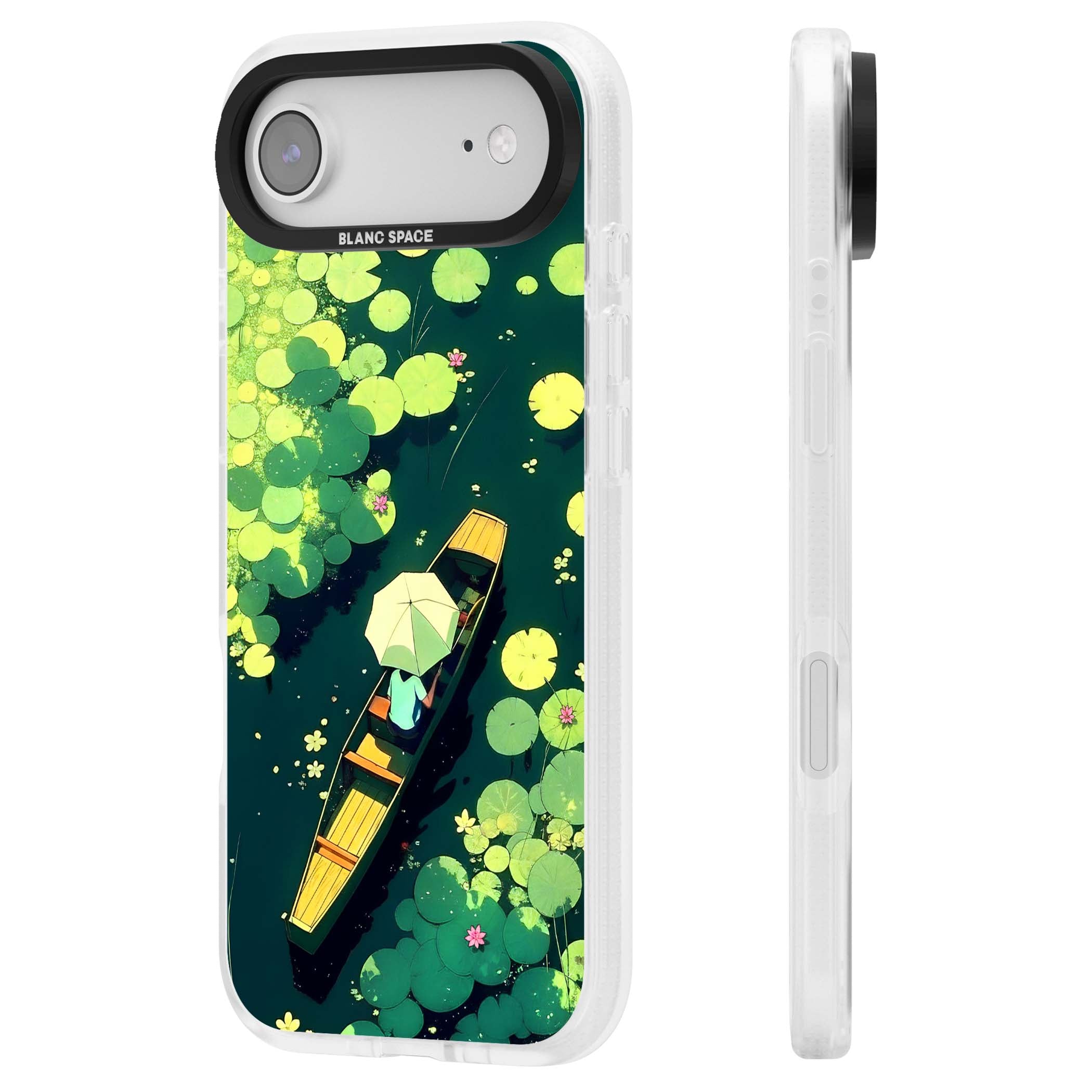 Jade Waters cottagecore iPhone case featuring a painted lily pond, wooden boat with parasol and floating water lilies | Clear Case Impact Air case for iPhone Air