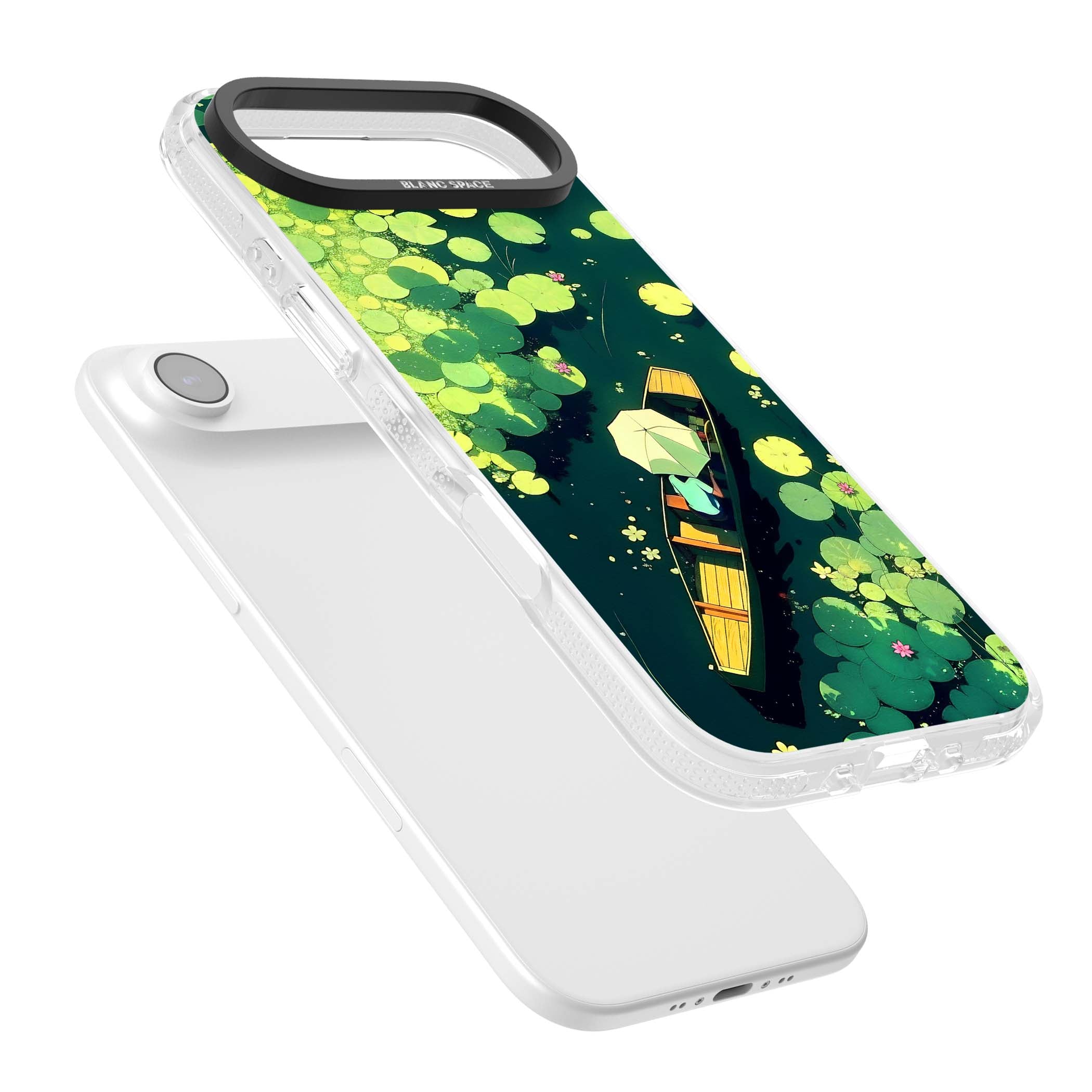 Jade Waters cottagecore iPhone case featuring a painted lily pond, wooden boat with parasol and floating water lilies | Clear Case Impact Air case for iPhone Air