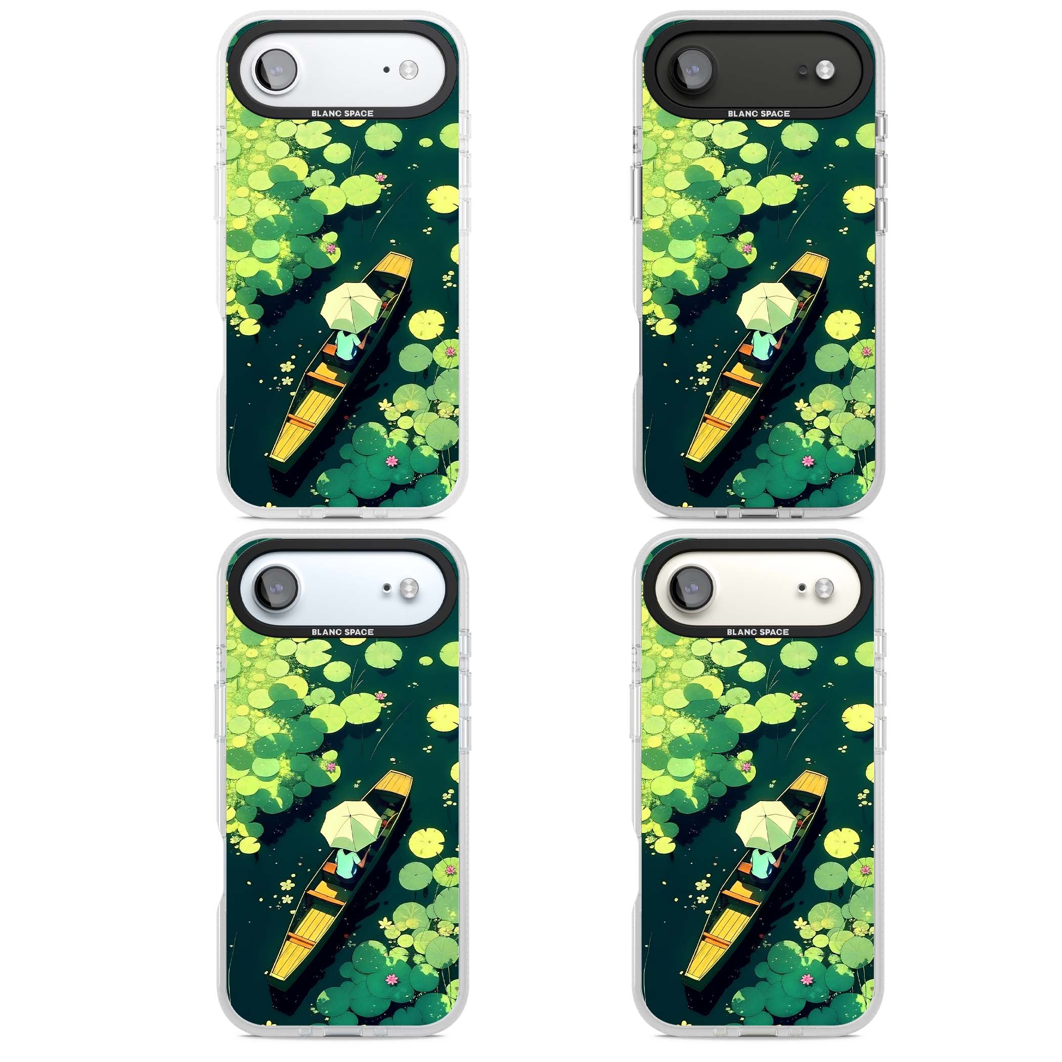 Jade Waters cottagecore iPhone case featuring a painted lily pond, wooden boat with parasol and floating water lilies | Clear Case Impact Air case for iPhone Air