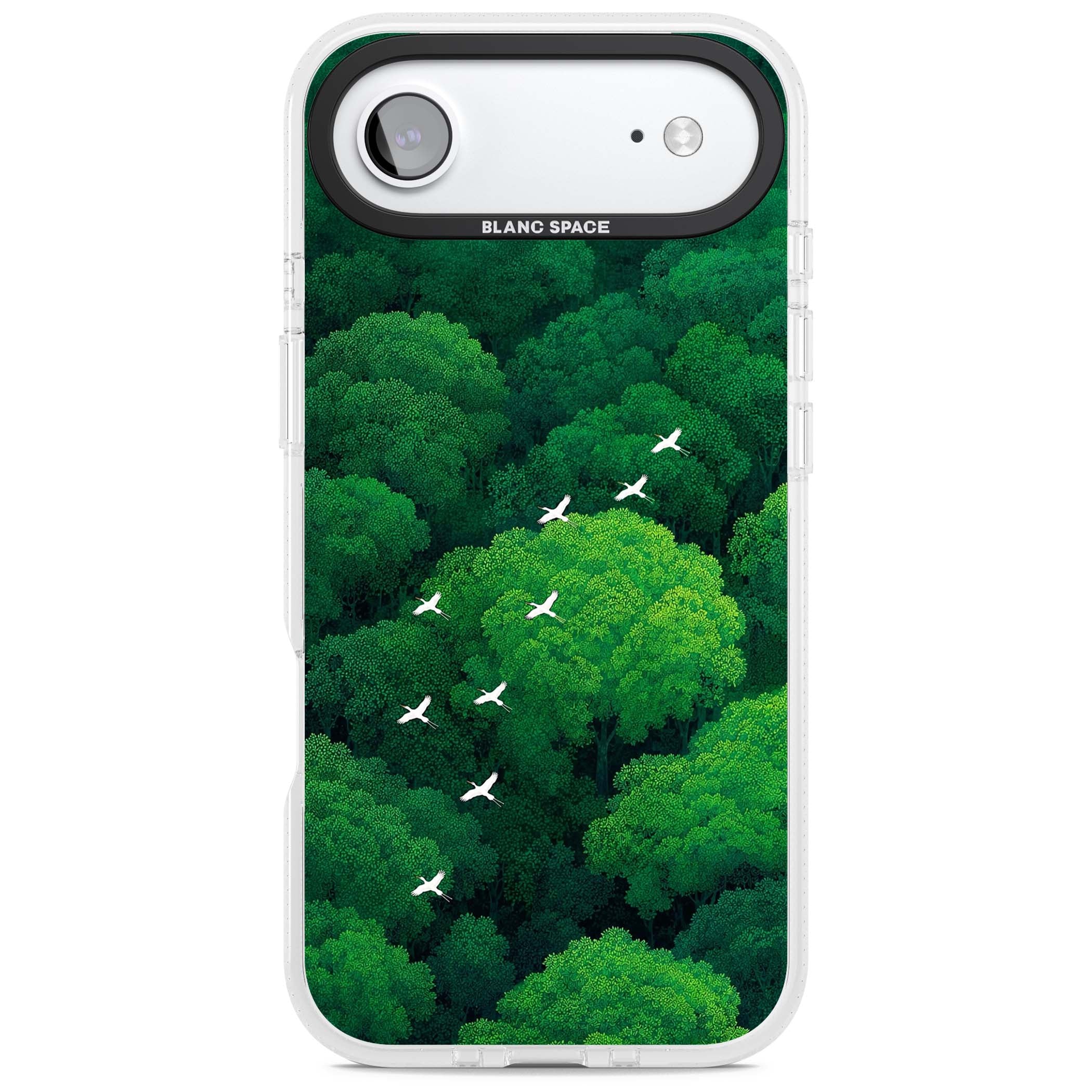 Grove Migration forest iPhone case featuring white cranes flying over lush green treetop canopy | Clear Case Impact Air case for iPhone Air