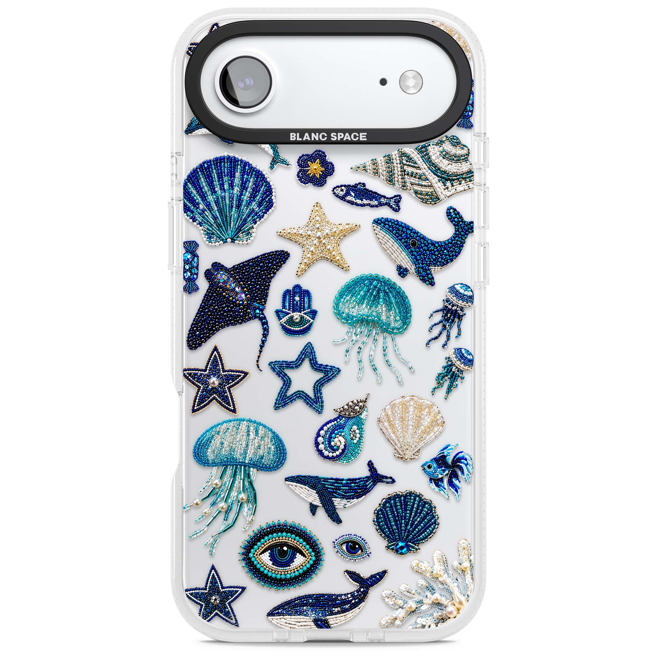 Beaded Coastal coastal iPhone case featuring embroidered seashells, jellyfish and a blue whale on clear | Clear Case Impact Air case for iPhone Air