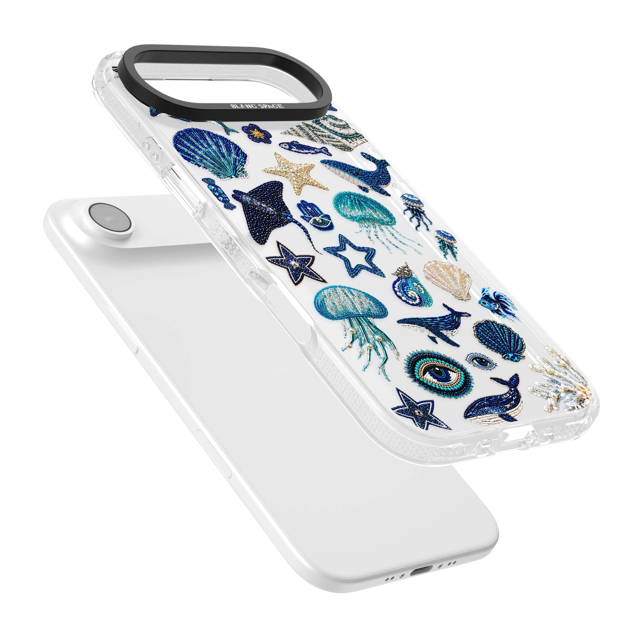 Beaded Coastal coastal iPhone case featuring embroidered seashells, jellyfish and a blue whale on clear | Clear Case Impact Air case for iPhone Air