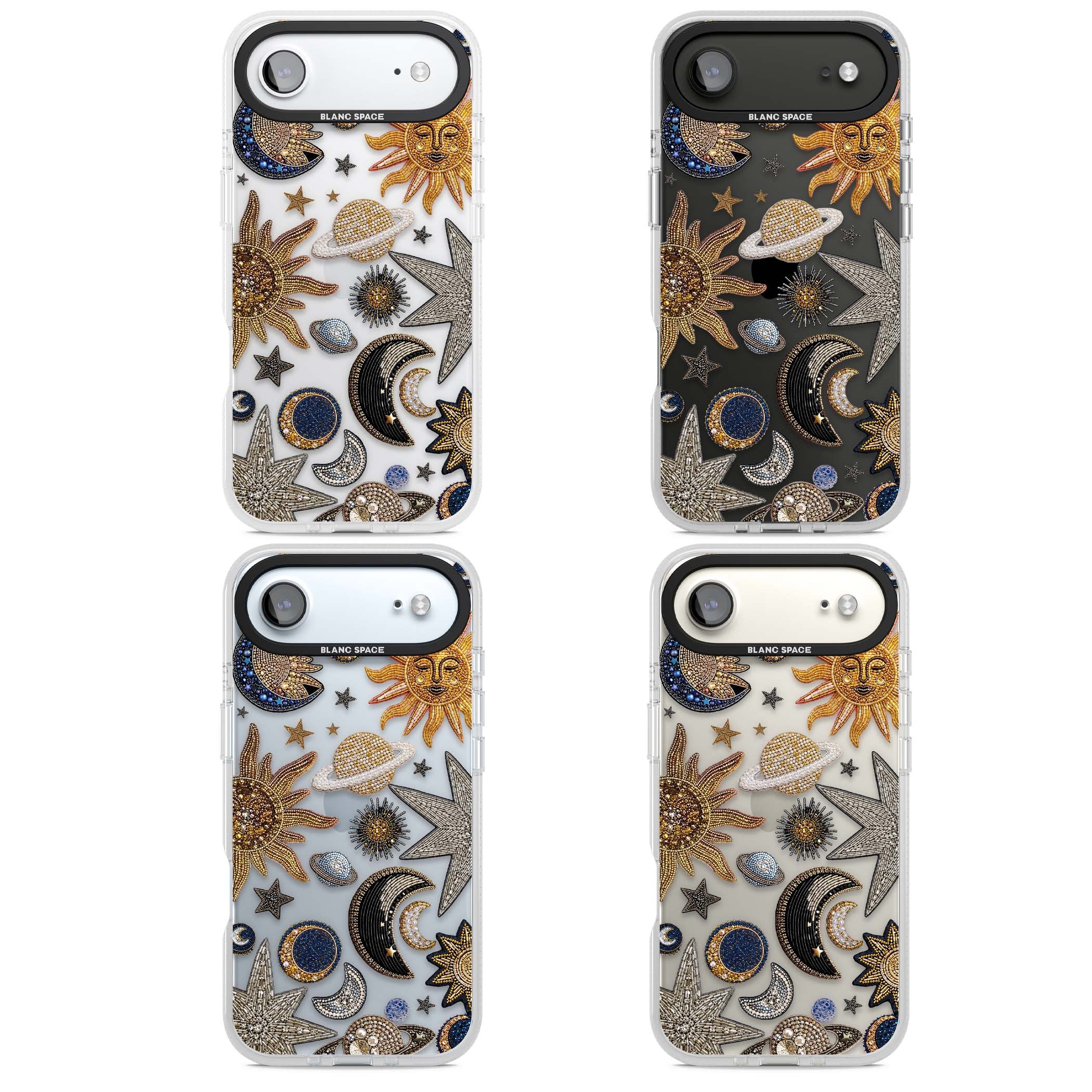 Beaded Cosmos celestial iPhone case featuring embroidered golden suns, beaded planets and silver shooting stars | Clear Case Impact Air case for iPhone Air