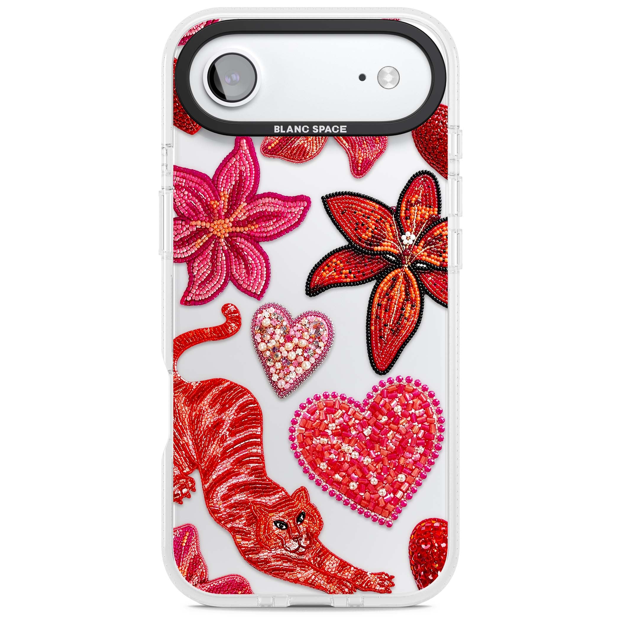Beaded Boho floral iPhone case featuring beaded red lilies, a stitched tiger, and pearl-encrusted hearts on clear | Clear Case Impact Air case for iPhone Air