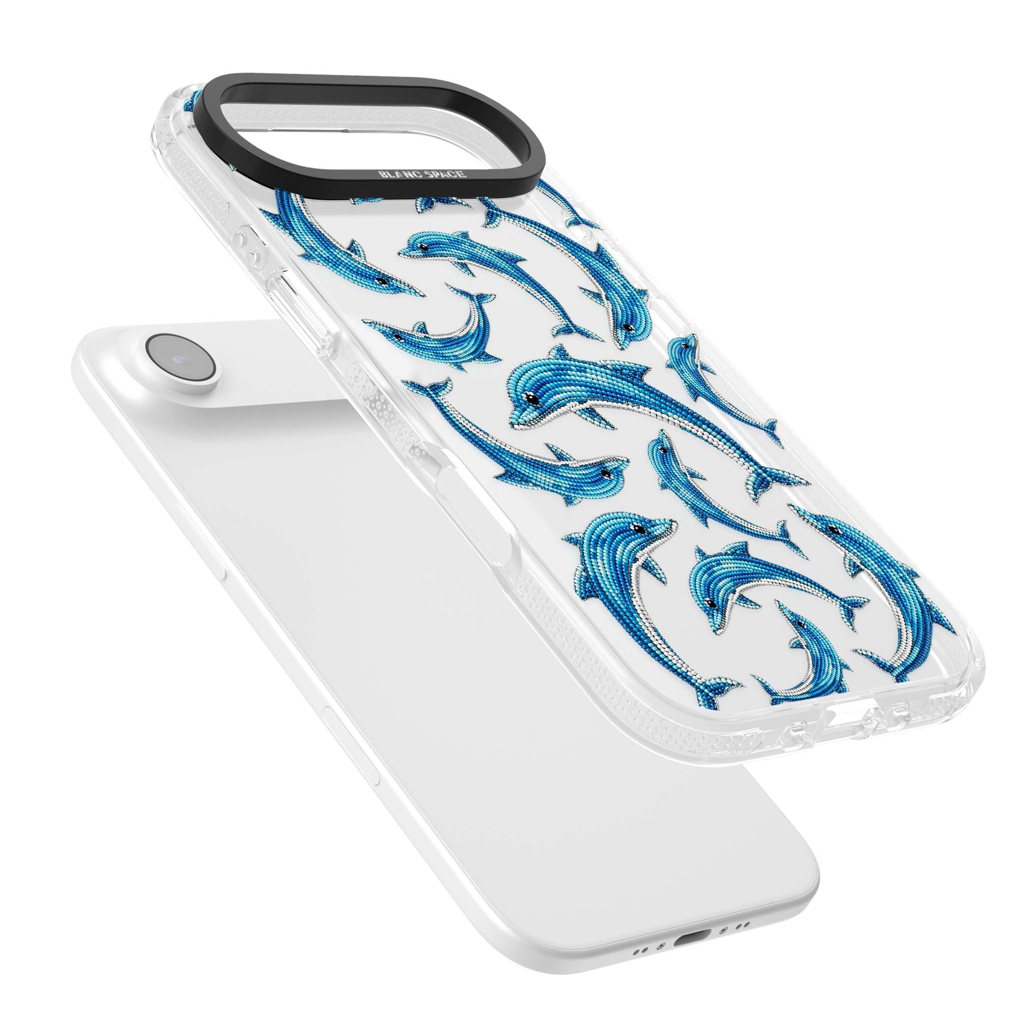 Beaded Dolphins coastal iPhone case featuring beaded dolphins in blue and white swimming across a clear background | Clear Case Impact Air case for iPhone Air