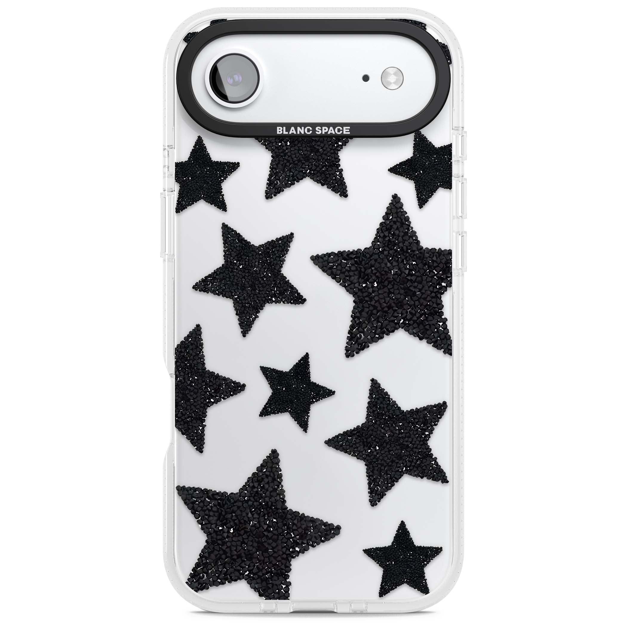 Beaded Black Stars celestial iPhone case featuring black glitter beaded stars scattered on a clear background | Clear Case Impact Air case for iPhone Air