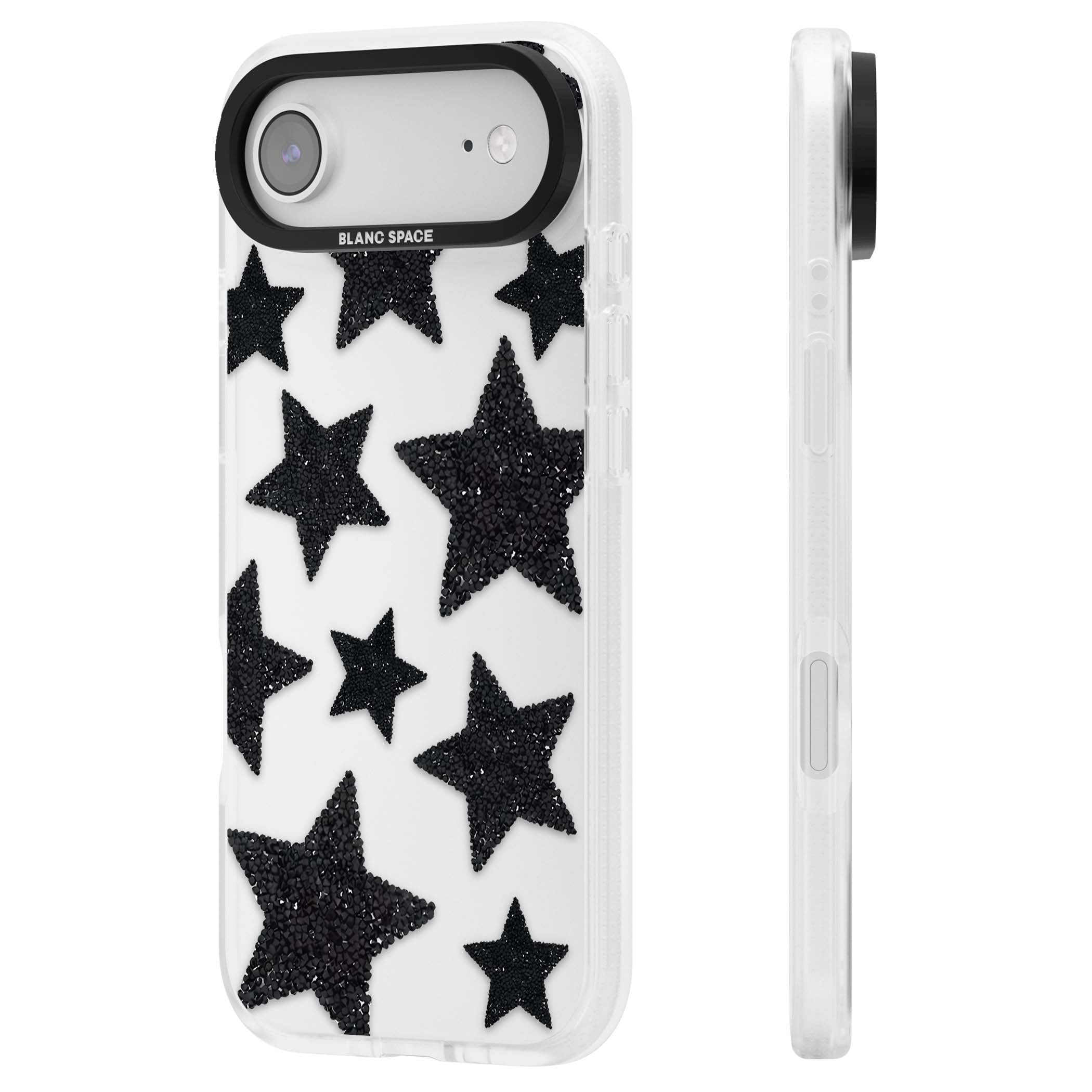 Beaded Black Stars celestial iPhone case featuring black glitter beaded stars scattered on a clear background | Clear Case Impact Air case for iPhone Air