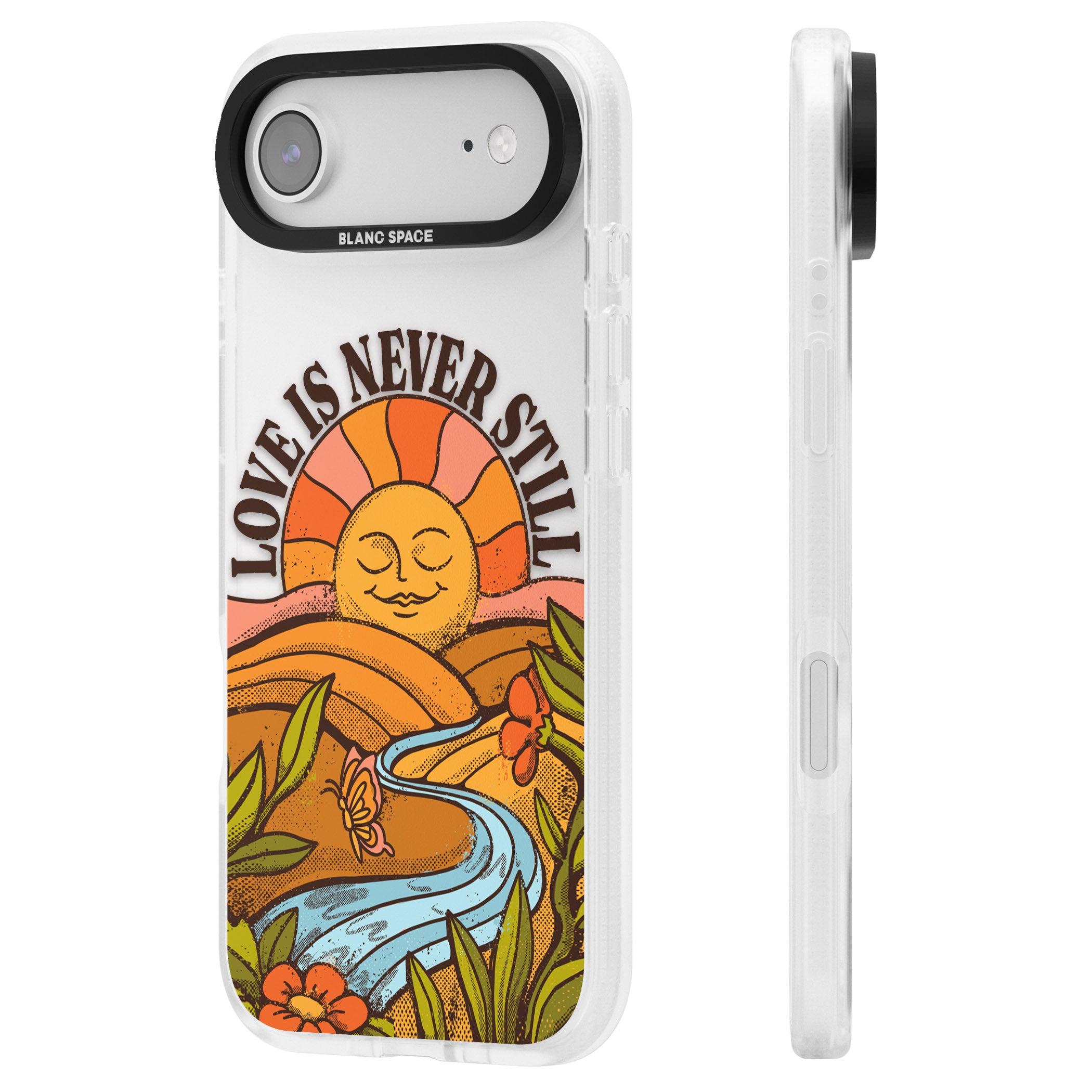 Love Is Never Still iPhone 17 Air Impact Air Clear Phone Case Side Profile