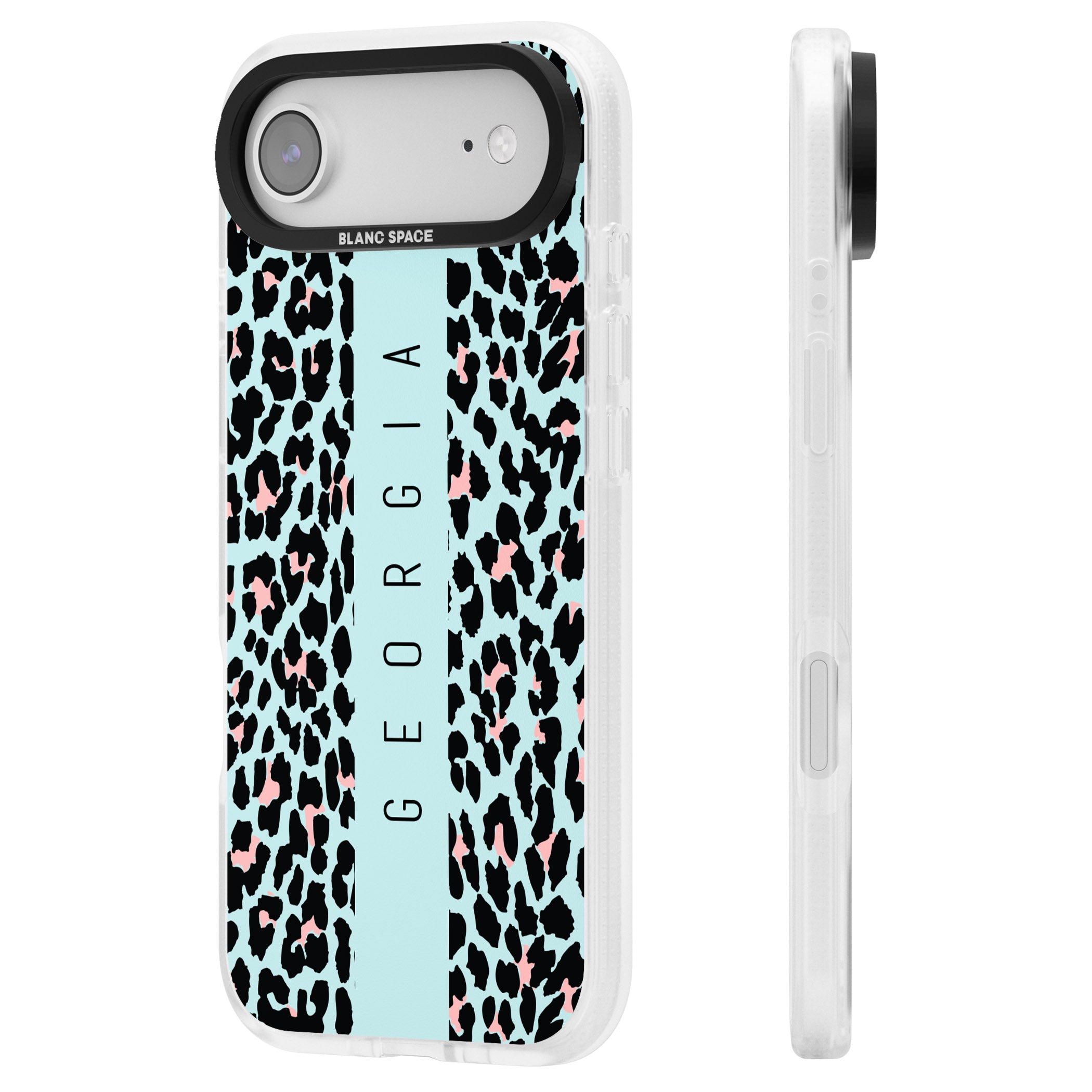 Personalised Blue Leopard iPhone 17 Air Impact Air Clear Phone Case Side Profile