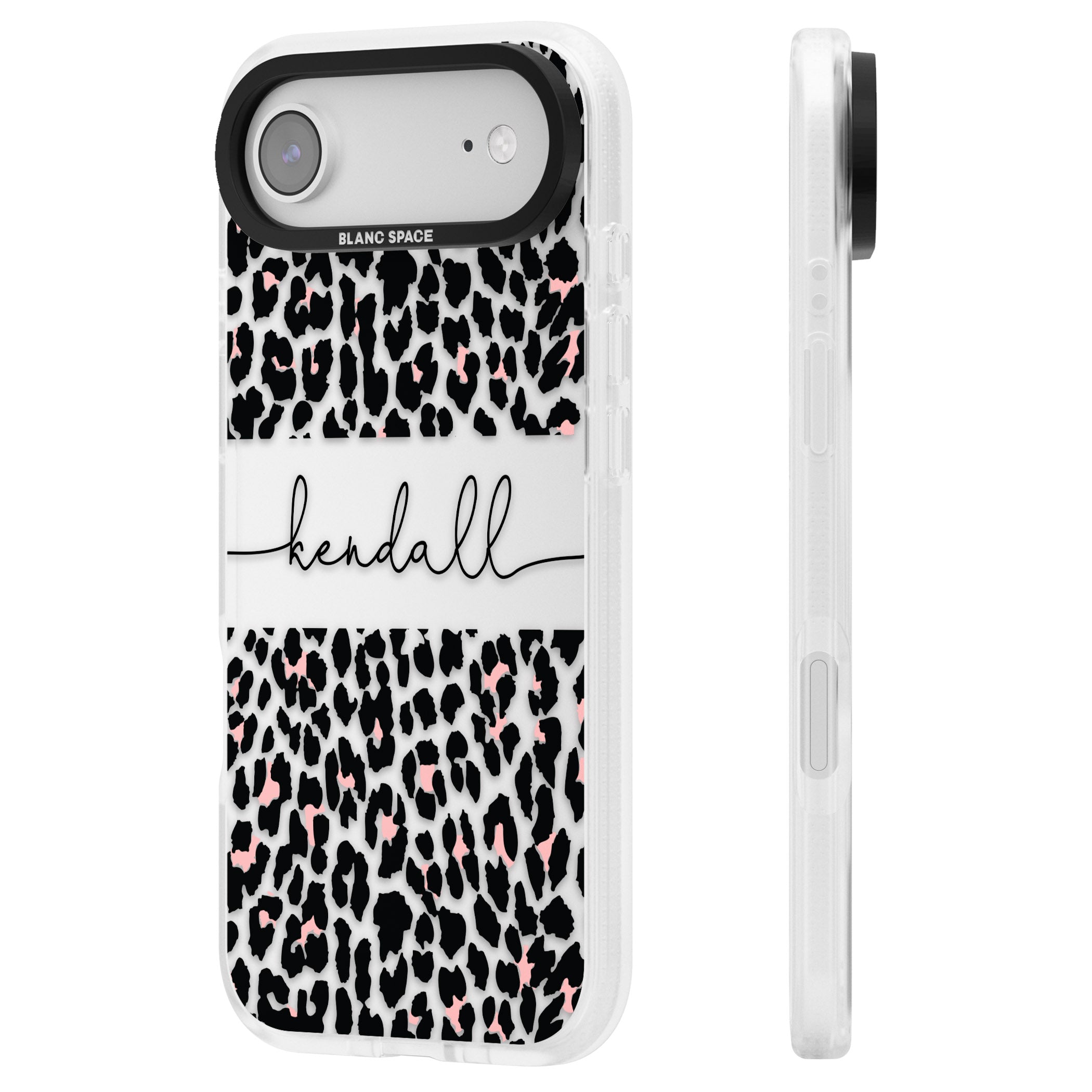 Personalised Cursive Leopard Spots iPhone 17 Air Impact Air Clear Phone Case Side Profile