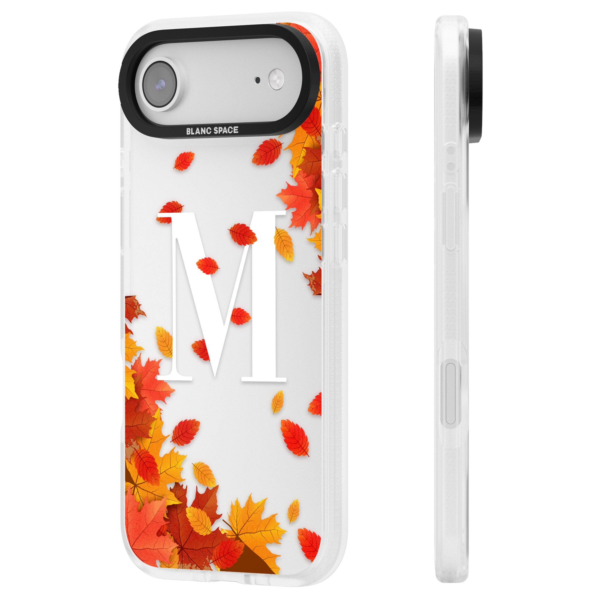 Personalised Autumn Leaves Monogram iPhone 17 Air Impact Air Clear Phone Case Side Profile