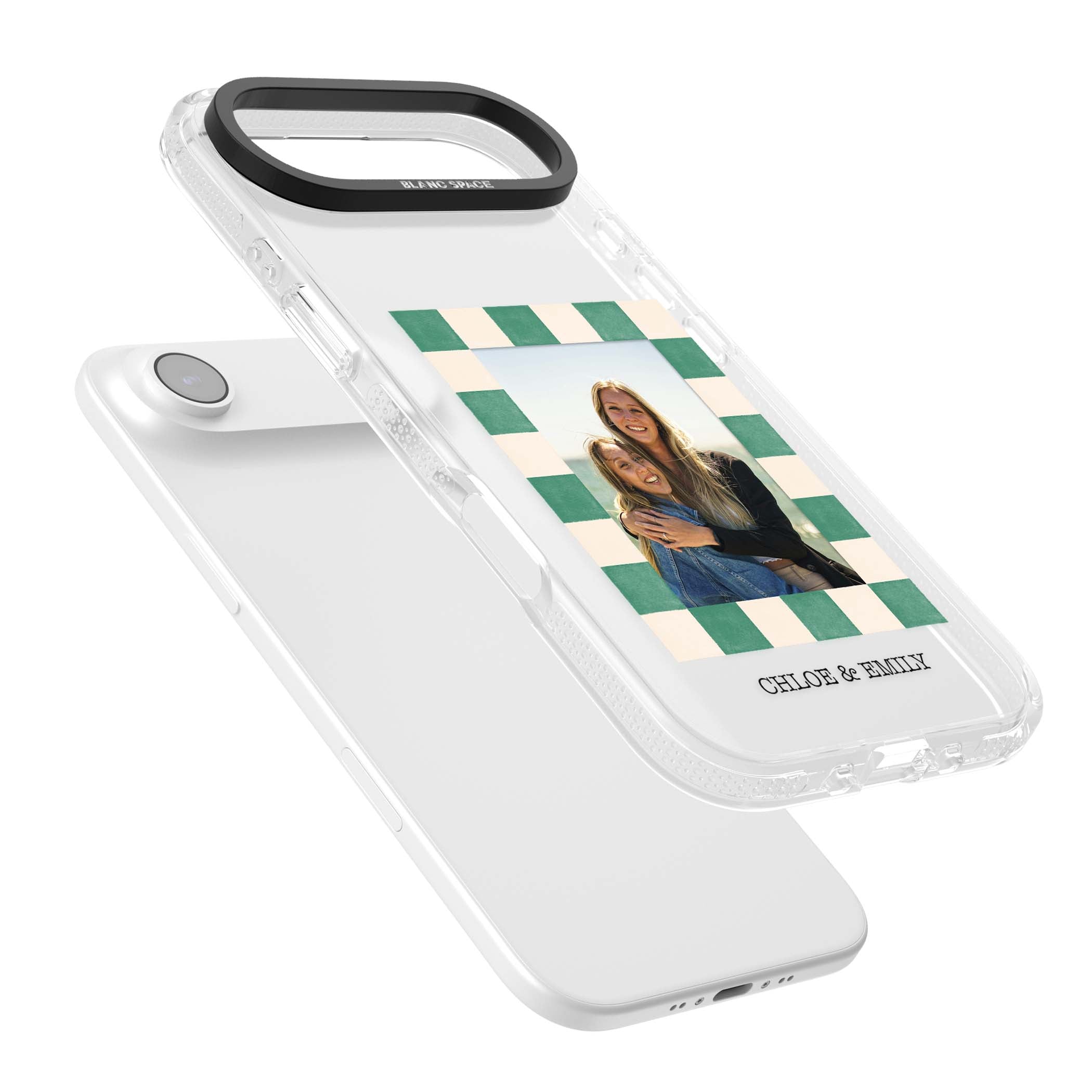 Seafoam Check Photo personalised iPhone case featuring a custom polaroid photo, green and cream checkered frame, and custom n | Clear Case Impact Air case for iPhone Air