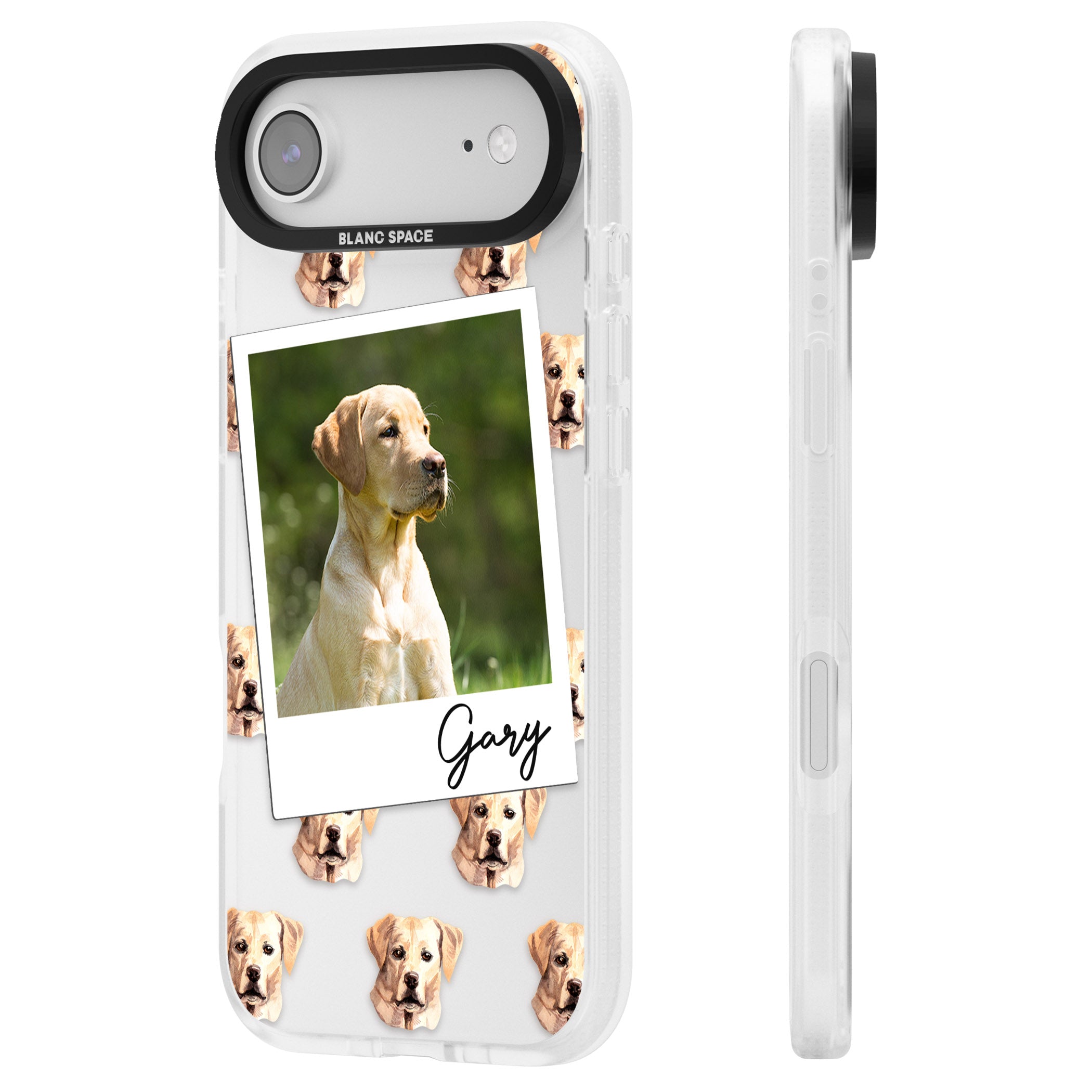 Personalised Tan Black Labrador Instant Camera Photo iPhone 17 Air Impact Air Clear Phone Case Side Profile