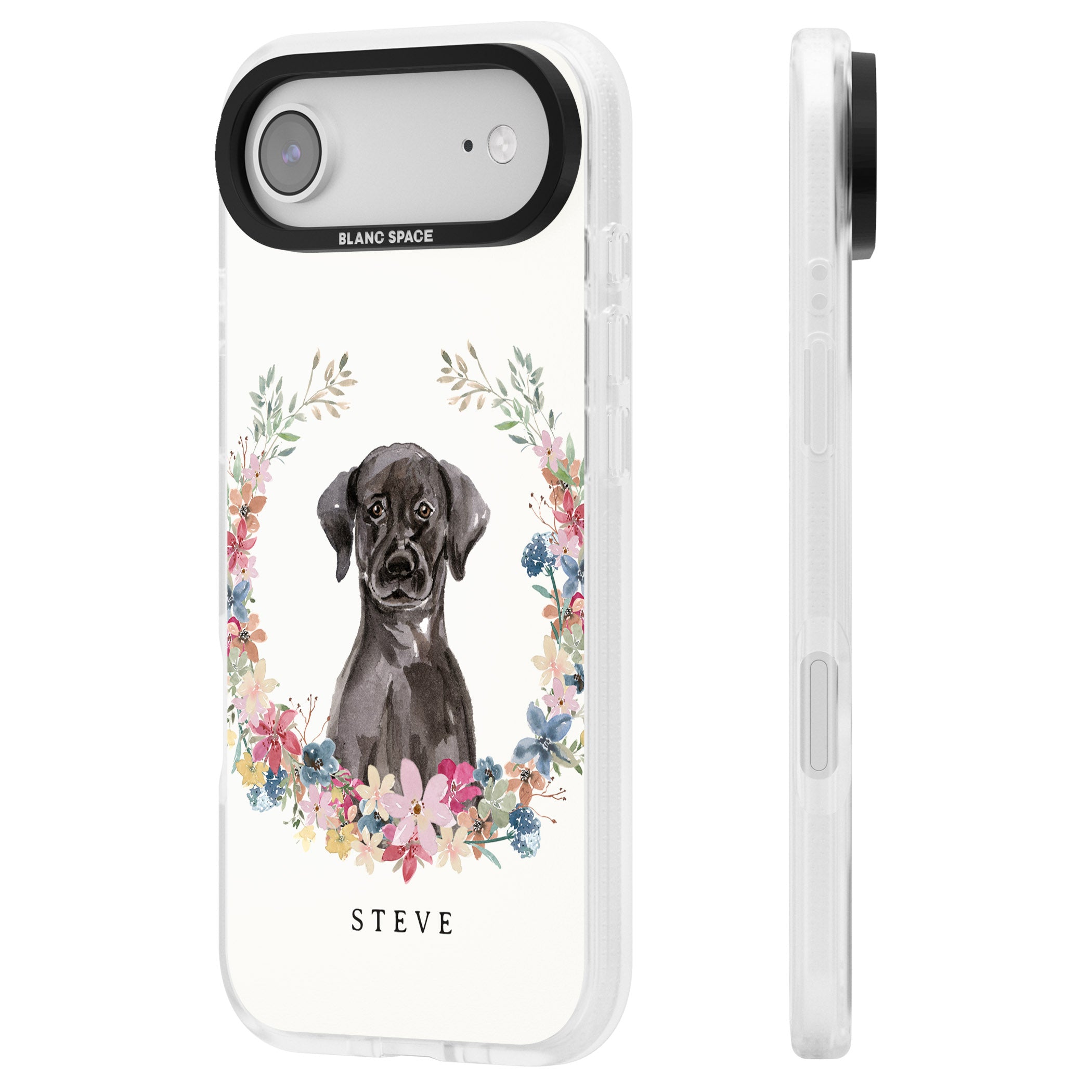 Personalised Black Labrador Floral Portrait iPhone 17 Air Impact Air Clear Phone Case Side Profile