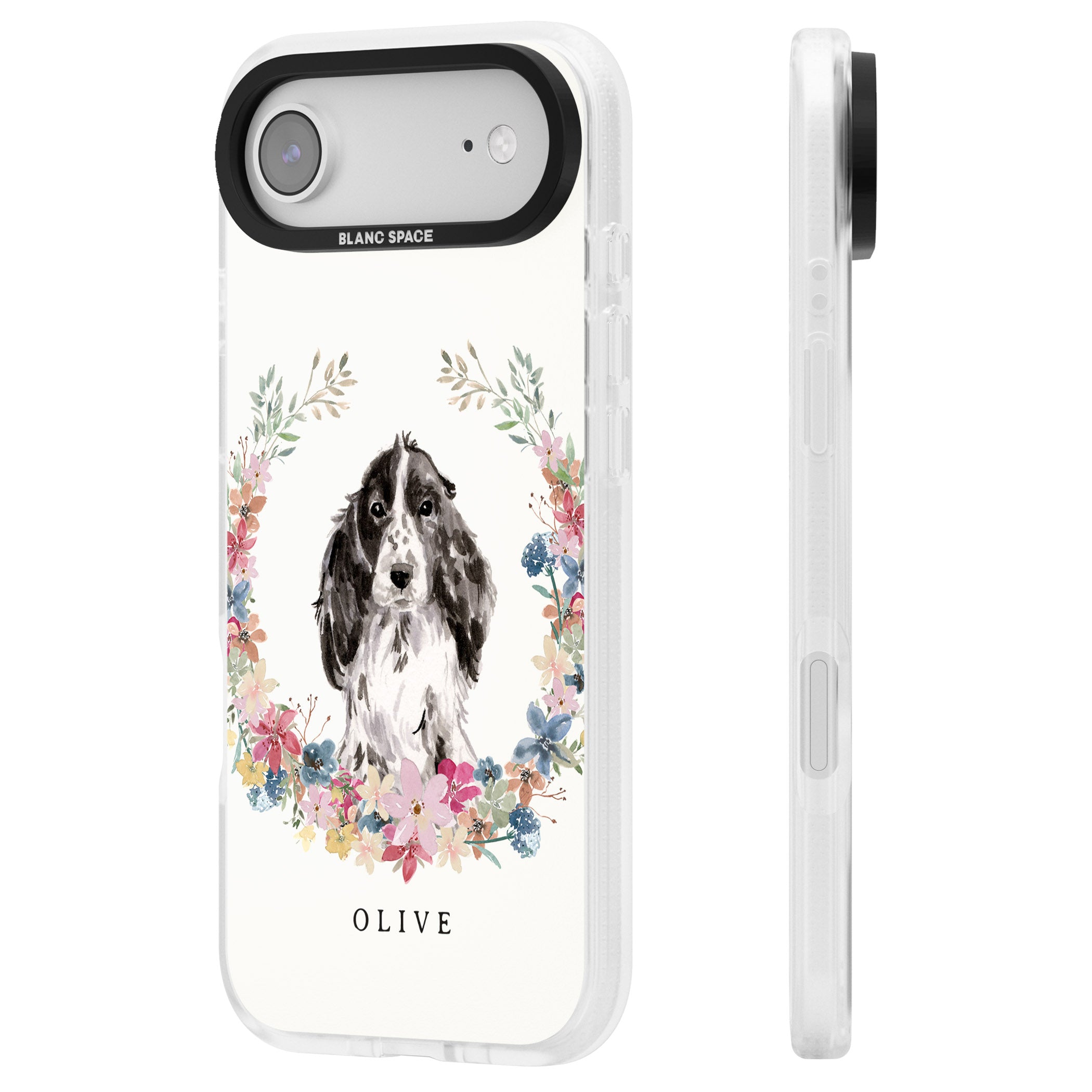Personalised Black Cocker Spaniel Floral Portrait iPhone 17 Air Impact Air Clear Phone Case Side Profile