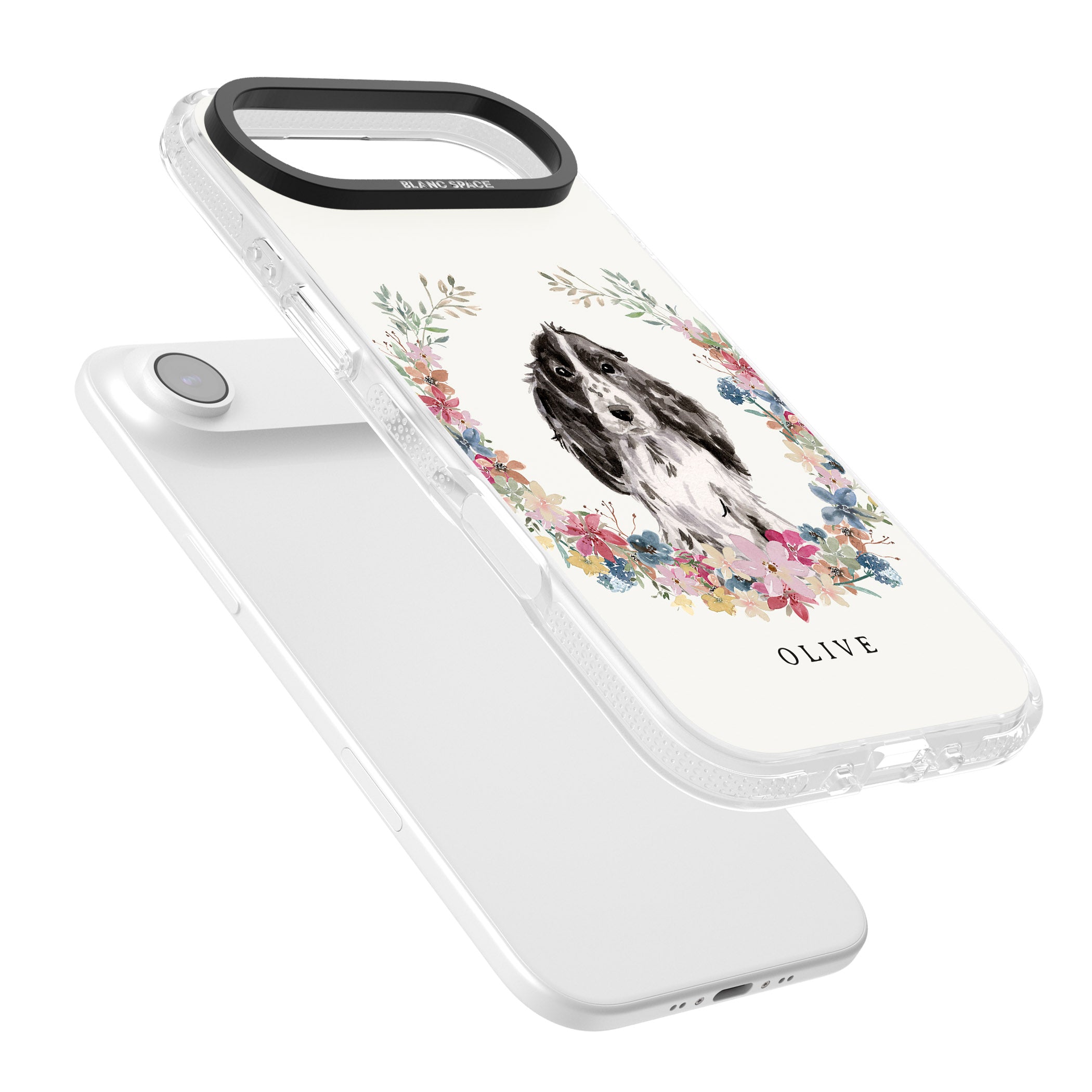 Personalised Black Cocker Spaniel Floral Portrait iPhone 17 Air Impact Air Clear Phone Case Colours