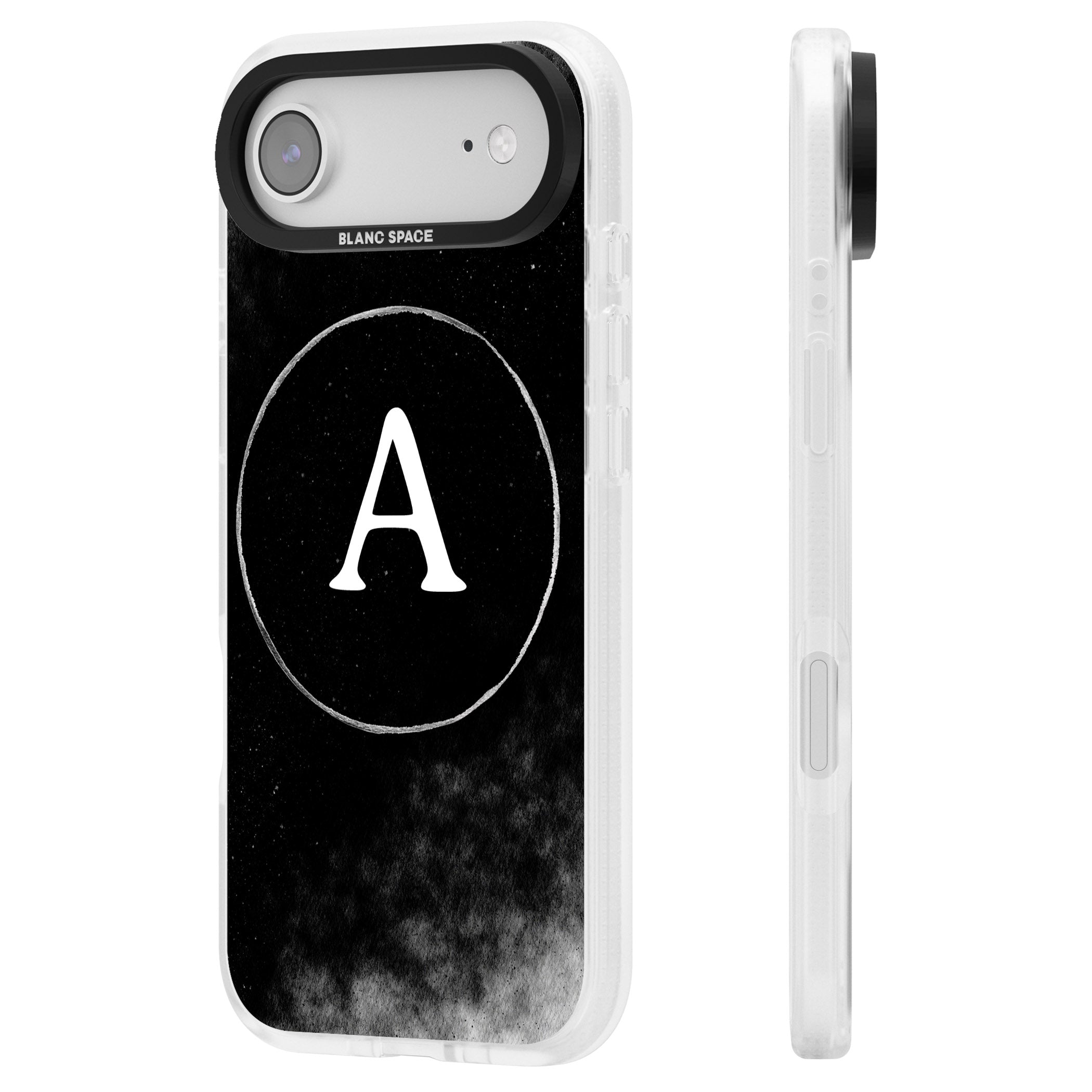 Personalised Monochrome Cosmic Monogram iPhone 17 Air Impact Air Clear Phone Case Side Profile
