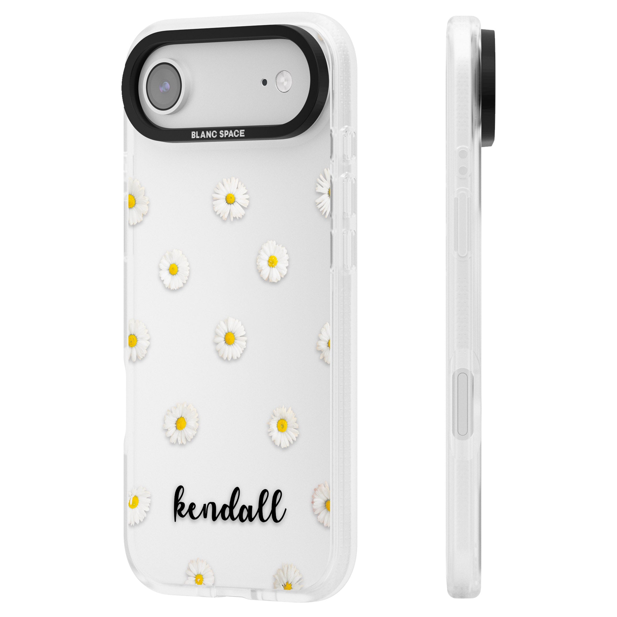 Personalised White Daisies & Cursive iPhone 17 Air Impact Air Clear Phone Case Side Profile
