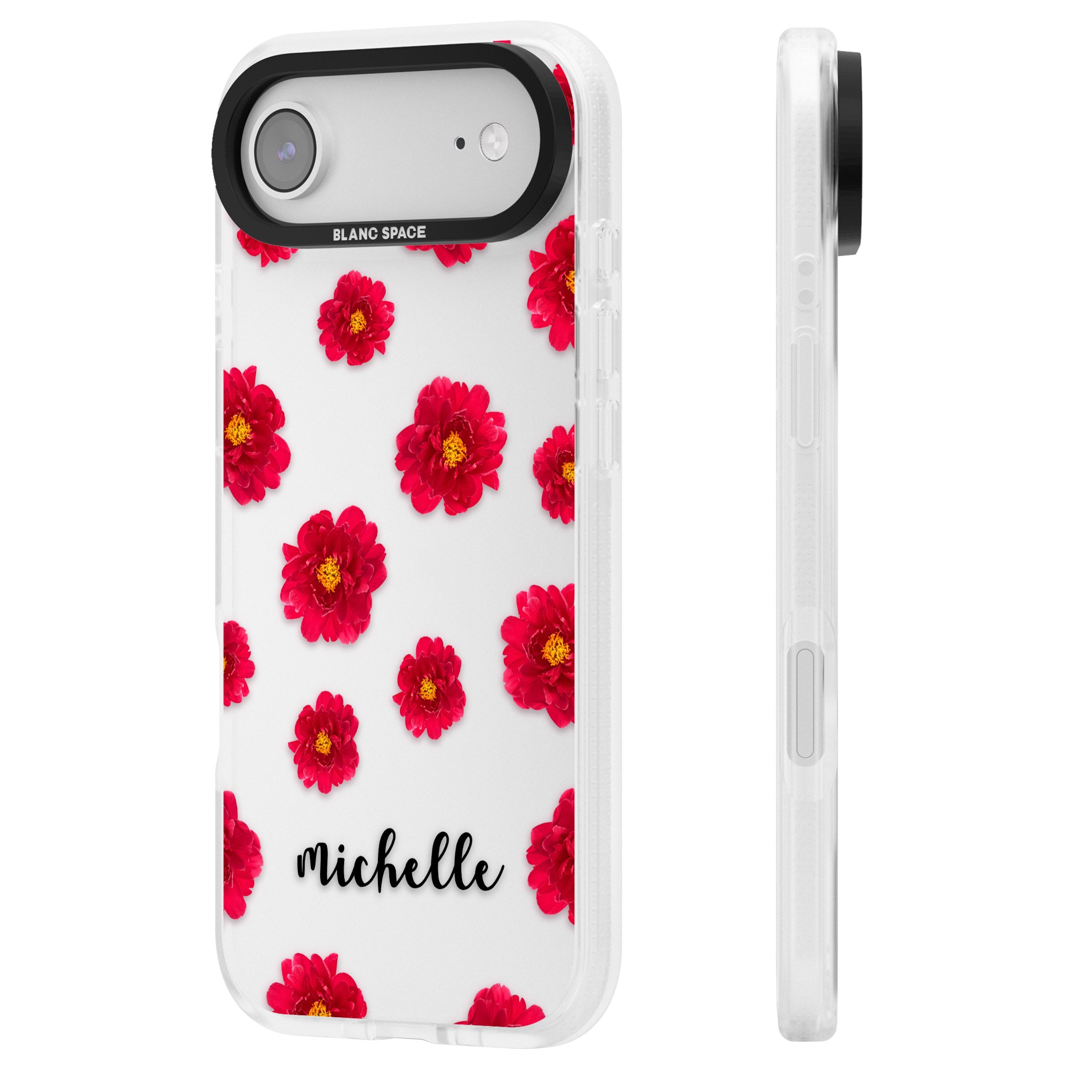 Personalised Red Peonies & Cursive iPhone 17 Air Impact Air Clear Phone Case Side Profile