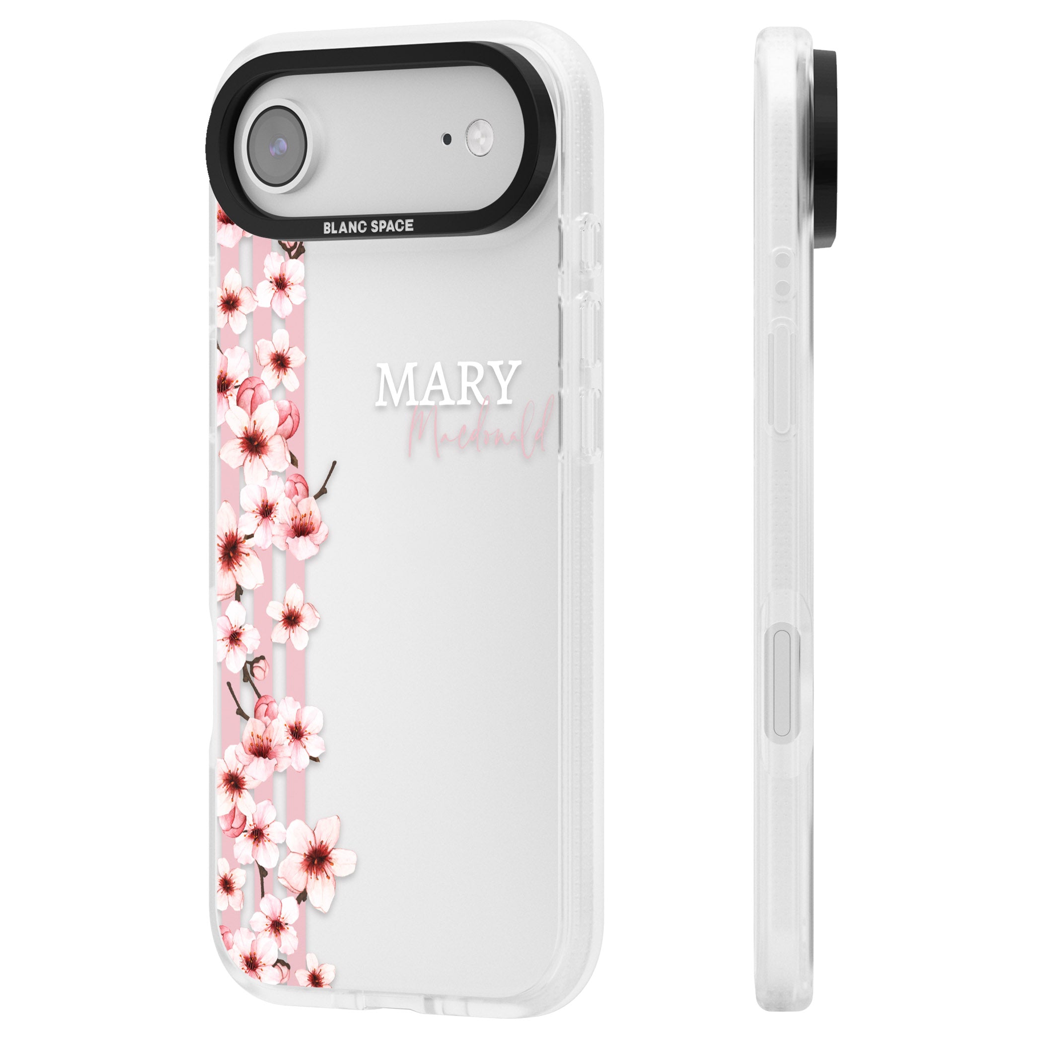 Personalised Cherry Blossom Stripes iPhone 17 Air Impact Air Clear Phone Case Side Profile