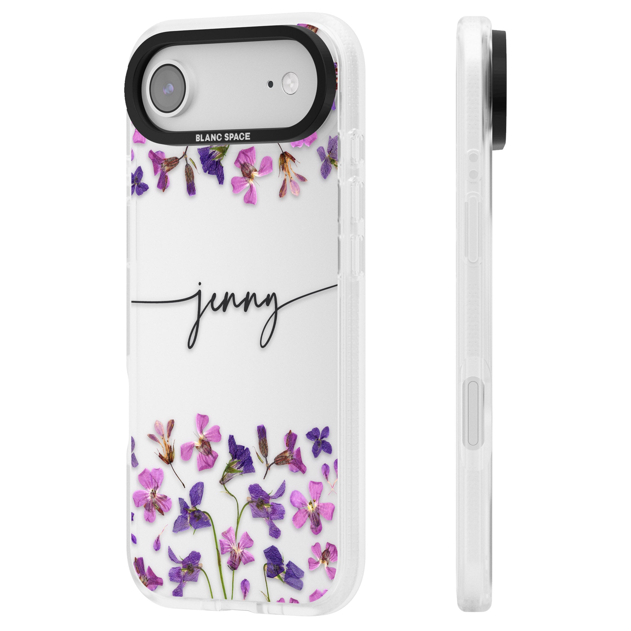 Personalised Purple Violets iPhone 17 Air Impact Air Clear Phone Case Side Profile