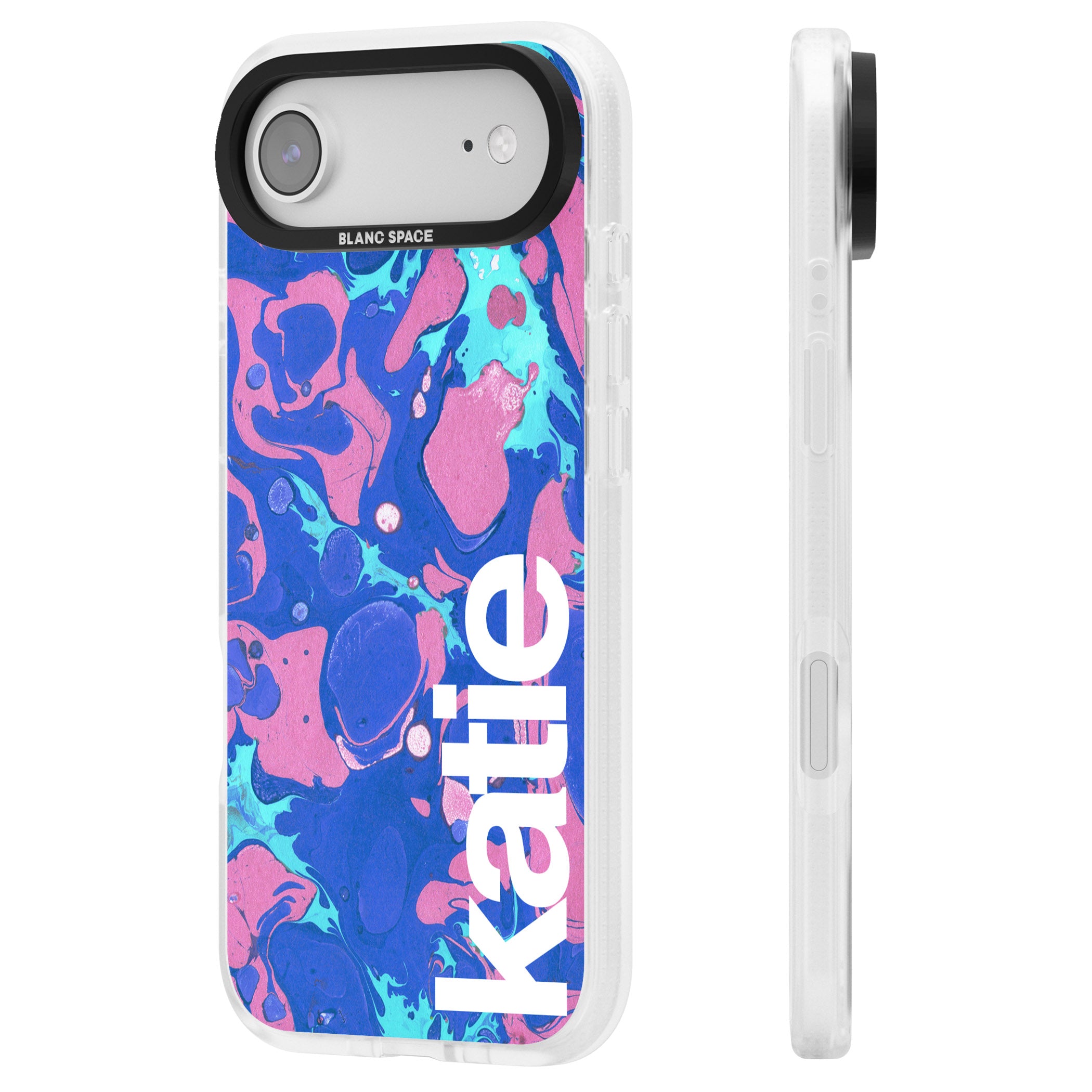 Personalised Navy & Turquoise Marbled iPhone 17 Air Impact Air Clear Phone Case Side Profile