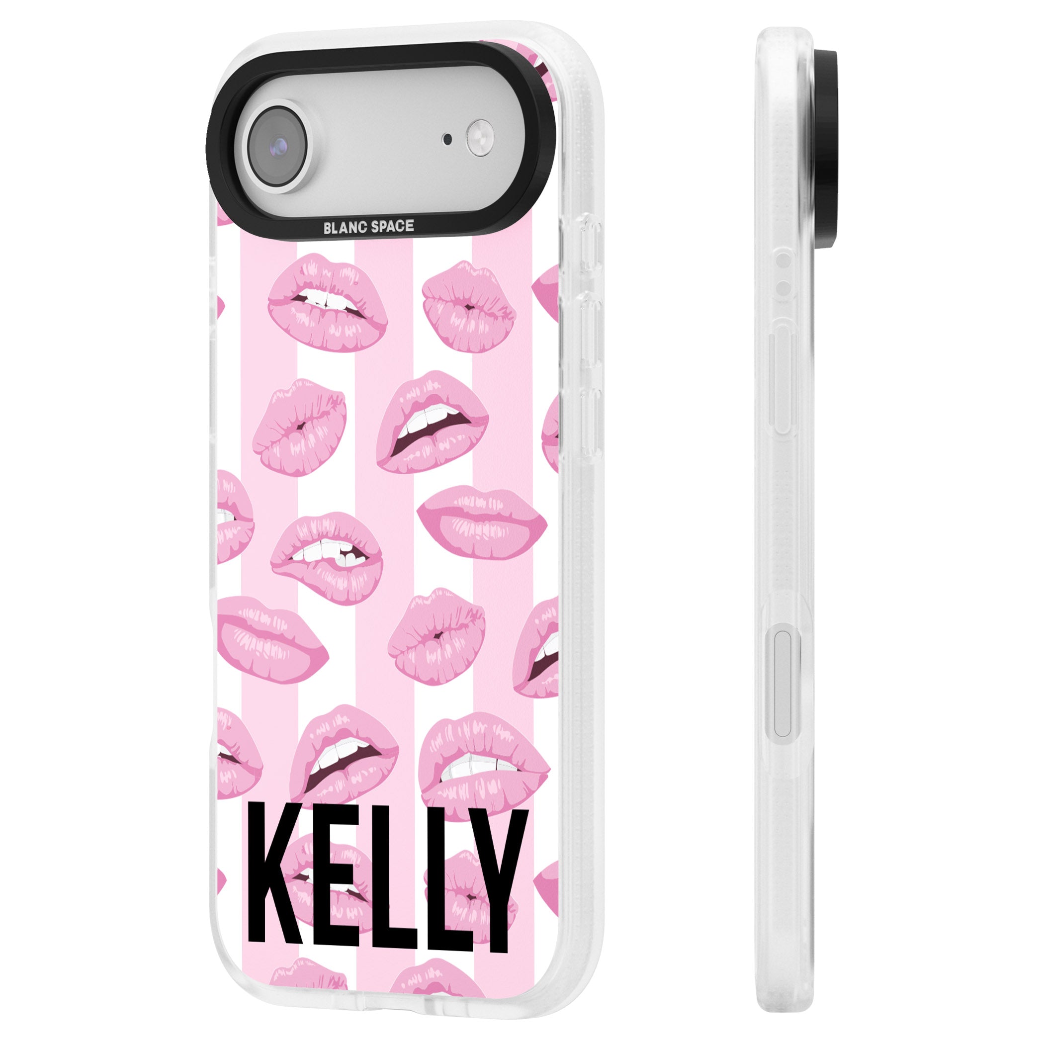 Personalised Pink Stripes & Lips iPhone 17 Air Impact Air Clear Phone Case Side Profile